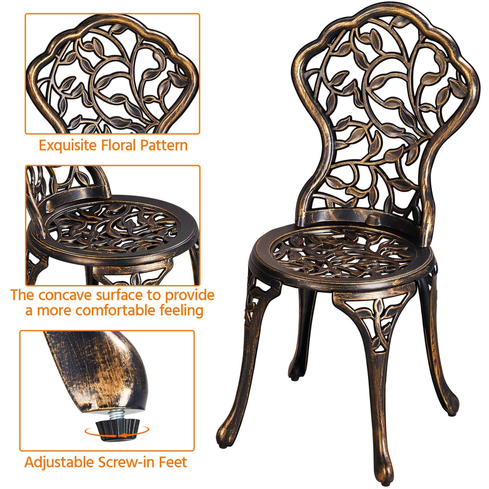 Topeakmart 3-Piece Bistro Set with Round Table and 2 Chairs, Antique Weather-Resistant Outdoor Patio Furniture with Rose Design - Perfect for Garden, Balcony, and Backyard Relaxation