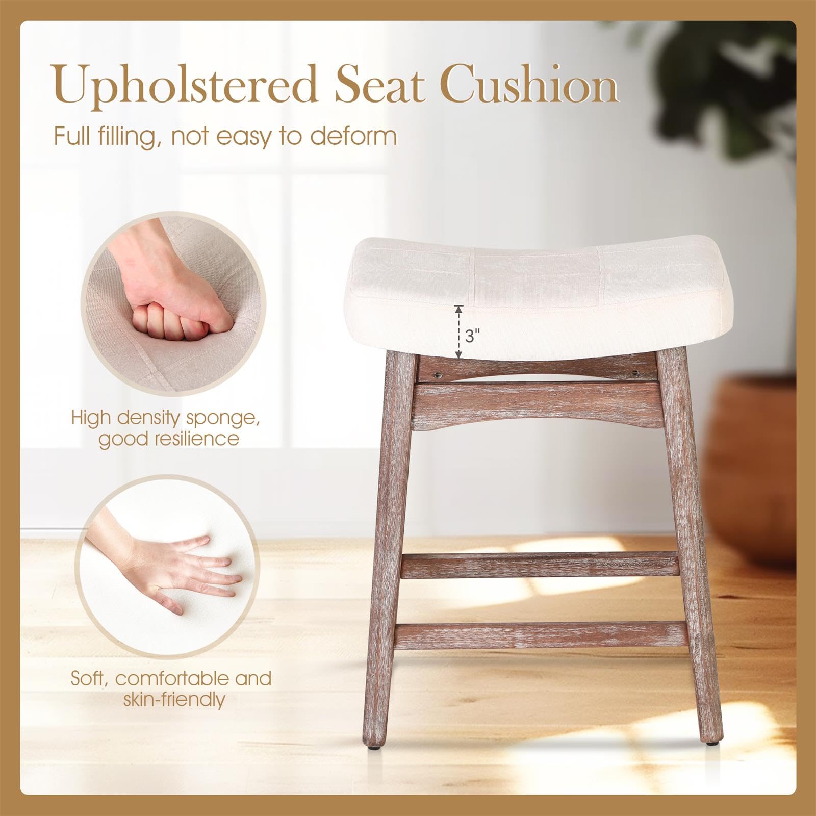 Sophia & William Modern White Bar Stools Set of 2 - 24 Inch Counter Height Bar Chairs with Linen Fabric Seat & Solid Wood Legs - Perfect for Kitchen Islands, Breakfast Bars, and Home Bars