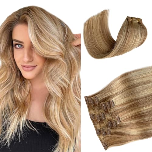 70g Clip in#golden Brown Mix Blonde Highlights