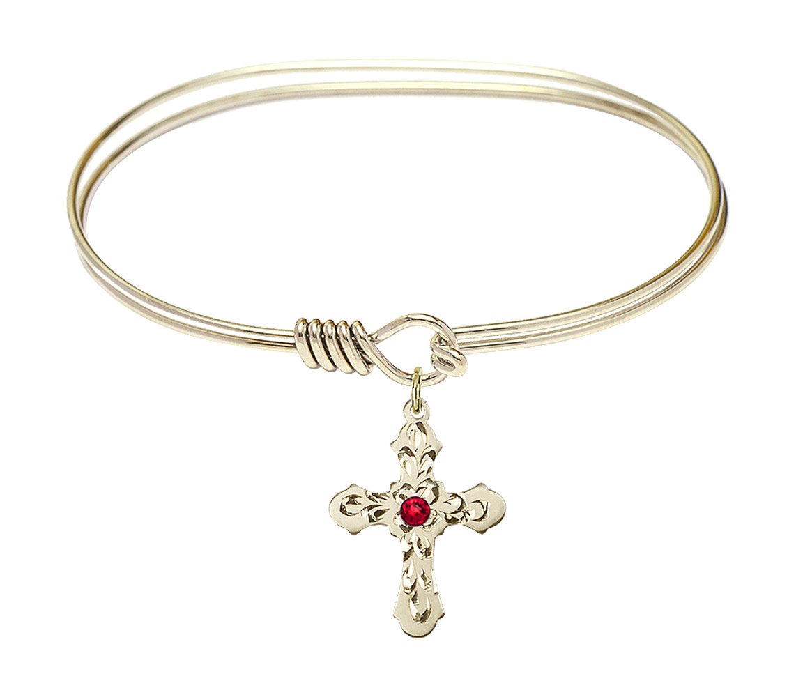 7 Inch Oval Eye Hook Bangle Bracelet with Cross Medal Charm and July Red Crystal - Elegant Jewelry for Women, Perfect for Daily Wear, Parties, and Gifts