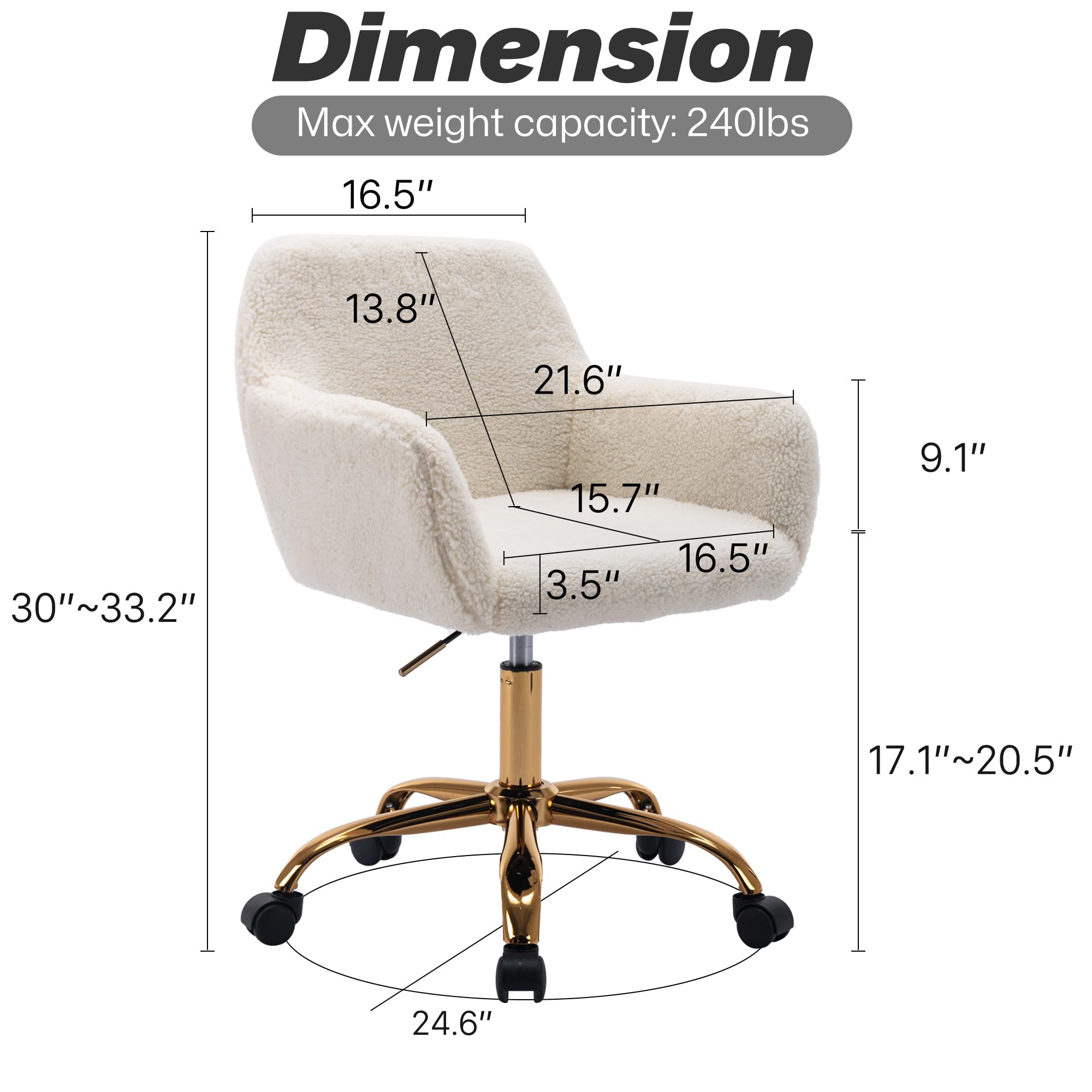 KCC Faux Fur Office Desk Chair - Soft Swivel Armchair with Wheels, Adjustable Height Upholstered Fuzzy Vanity Chair in White | Perfect for Home Office, Gaming Setup & Makeup Vanity