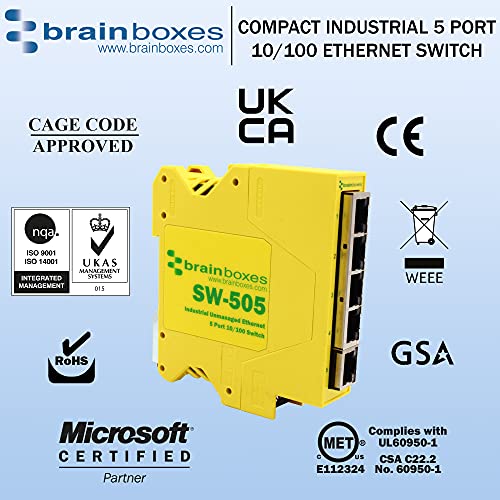 Brainboxes Industrial Compact 5-Port Ethernet Switch - DIN Rail Mountable for Factory Automation & Network Expansion