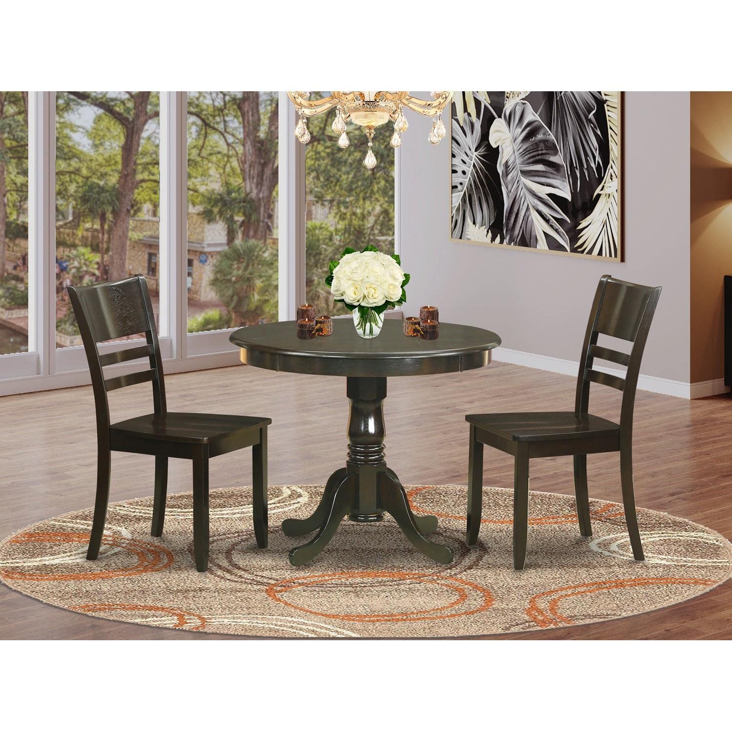 East West Furniture ANLY3-CAP-W 3-Piece Round Kitchen Table & Chairs Set with Pedestal Base - 36x36 Inch Cappuccino Finish - Perfect for Small Dining Rooms, Breakfast Nooks, and Apartment Living