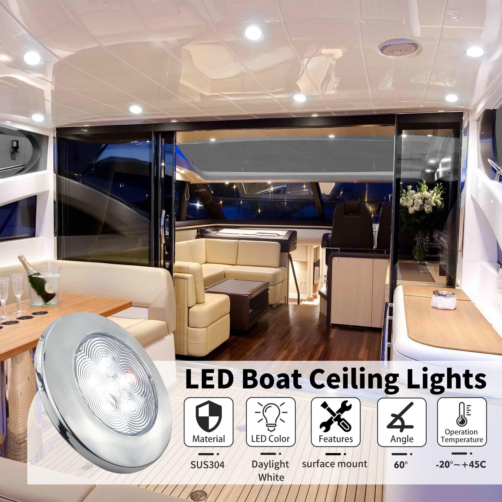 Marine Dome Light - 12V LED Boat Cabin Lights, Stainless Steel Surface Mount (2.79 Inch) - Waterproof Interior Lighting for Boats, Yachts, RVs, Campers - Set of 2 Cool White LED Lights for Night Navigation & Cabin Illumination