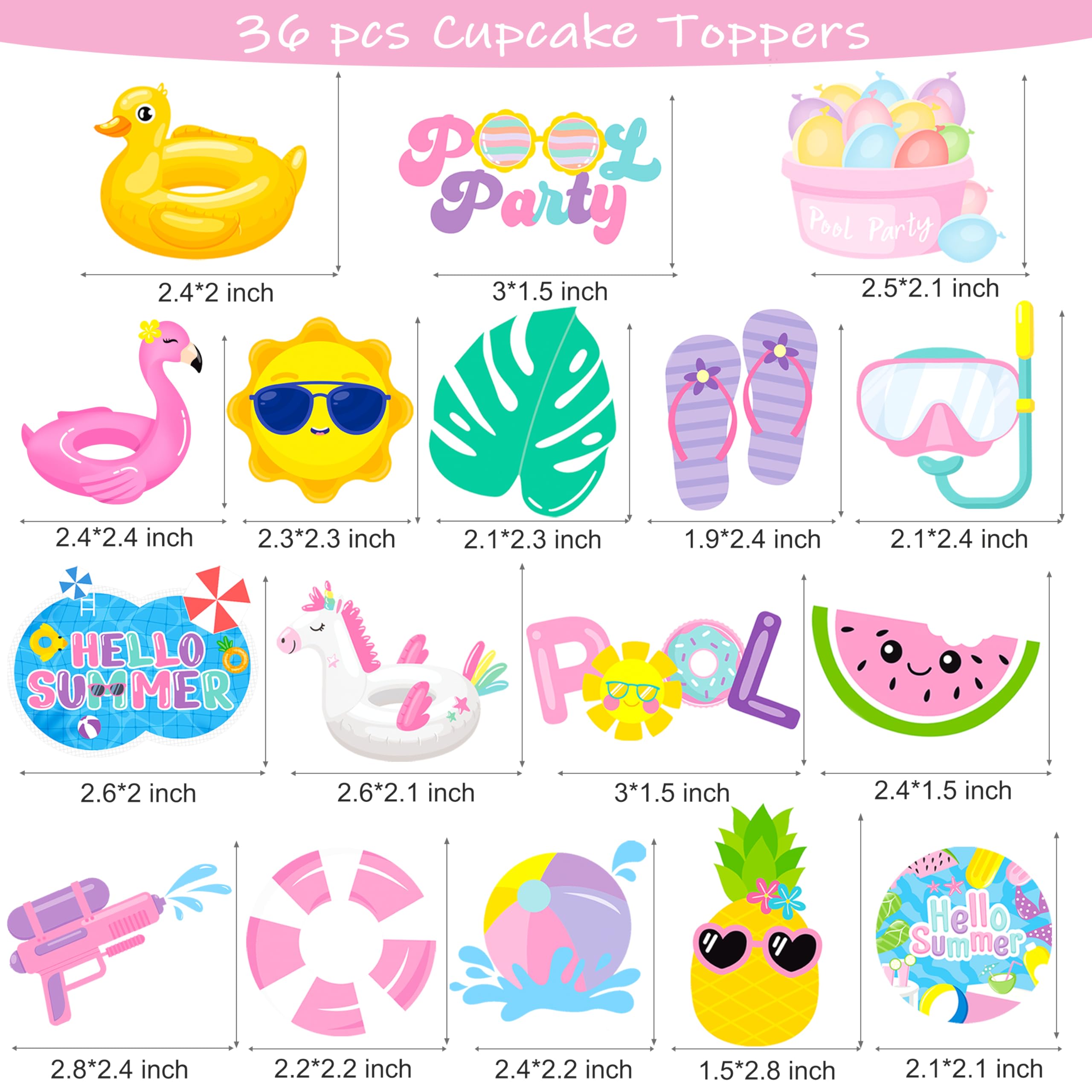 36pc Summer Cupcake Toppers - Pool Party Decorations - Water Themed Birthday Cake Picks for Swimming Baby Shower - Perfect for Summer Parties, Beach Themed Events & Kids Birthday Celebrations