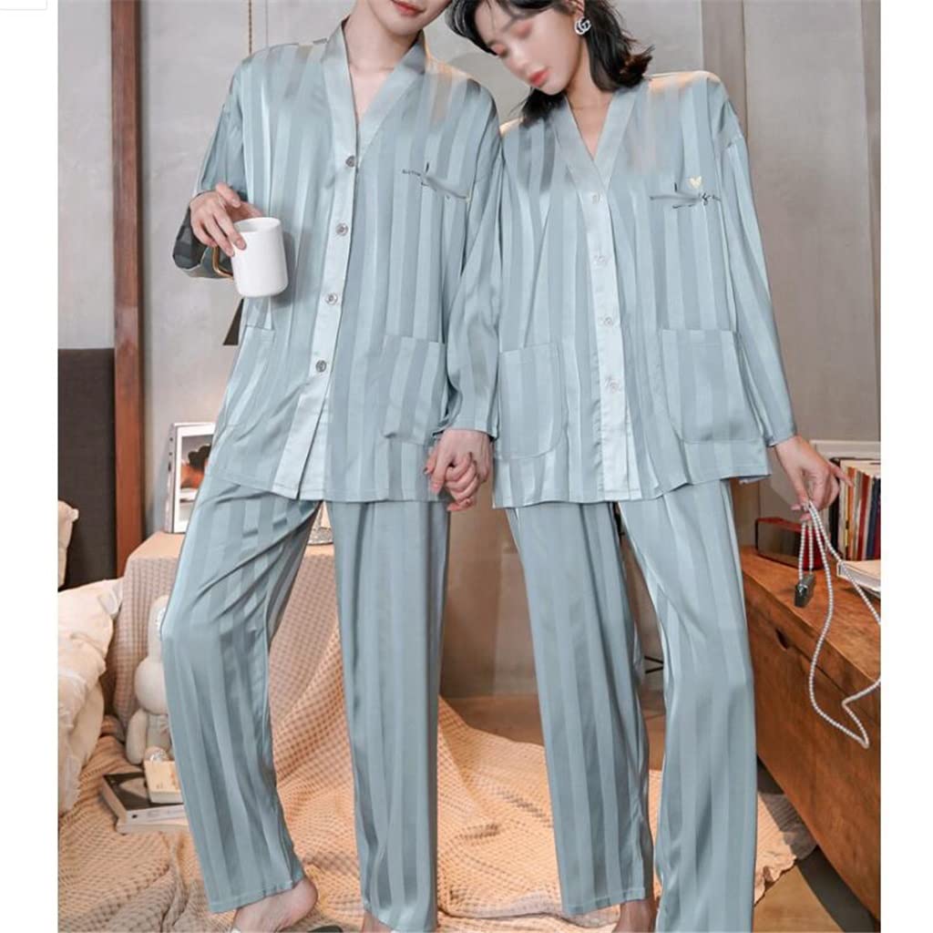 Stylish Striped Long-Sleeve V-Neck Cardigan - Men's & Women's Ice Silk Pajama Set for Couples (XXL, Color A) - Perfect for Homewear, Lounge Wear & Cozy Nights