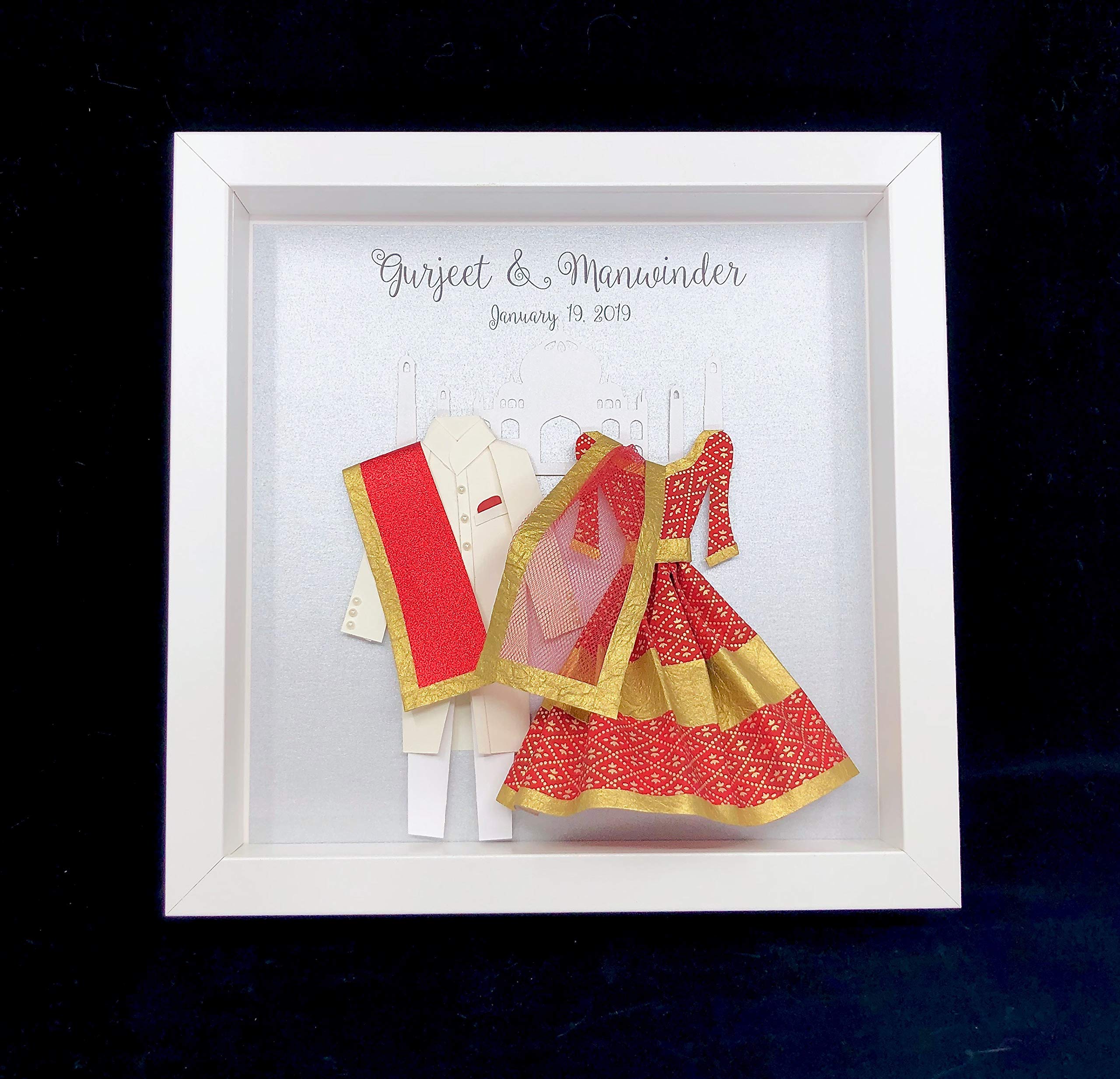 Personalized Indian Wedding Art - Custom Bride & Groom with Taj Mahal Design | First Anniversary Paper Gift | Traditional Saree & Sherwani Couple Portrait | Perfect for Wedding Decor, Anniversary Gifts & Home Décor