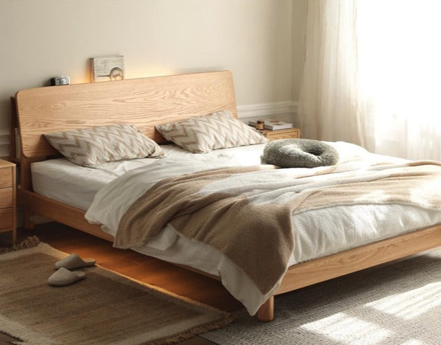 Solid Oak Wood Platform Bed with Bookshelf Headboard - Modern Bedroom Furniture for Small Spaces & Cozy Reading Nook