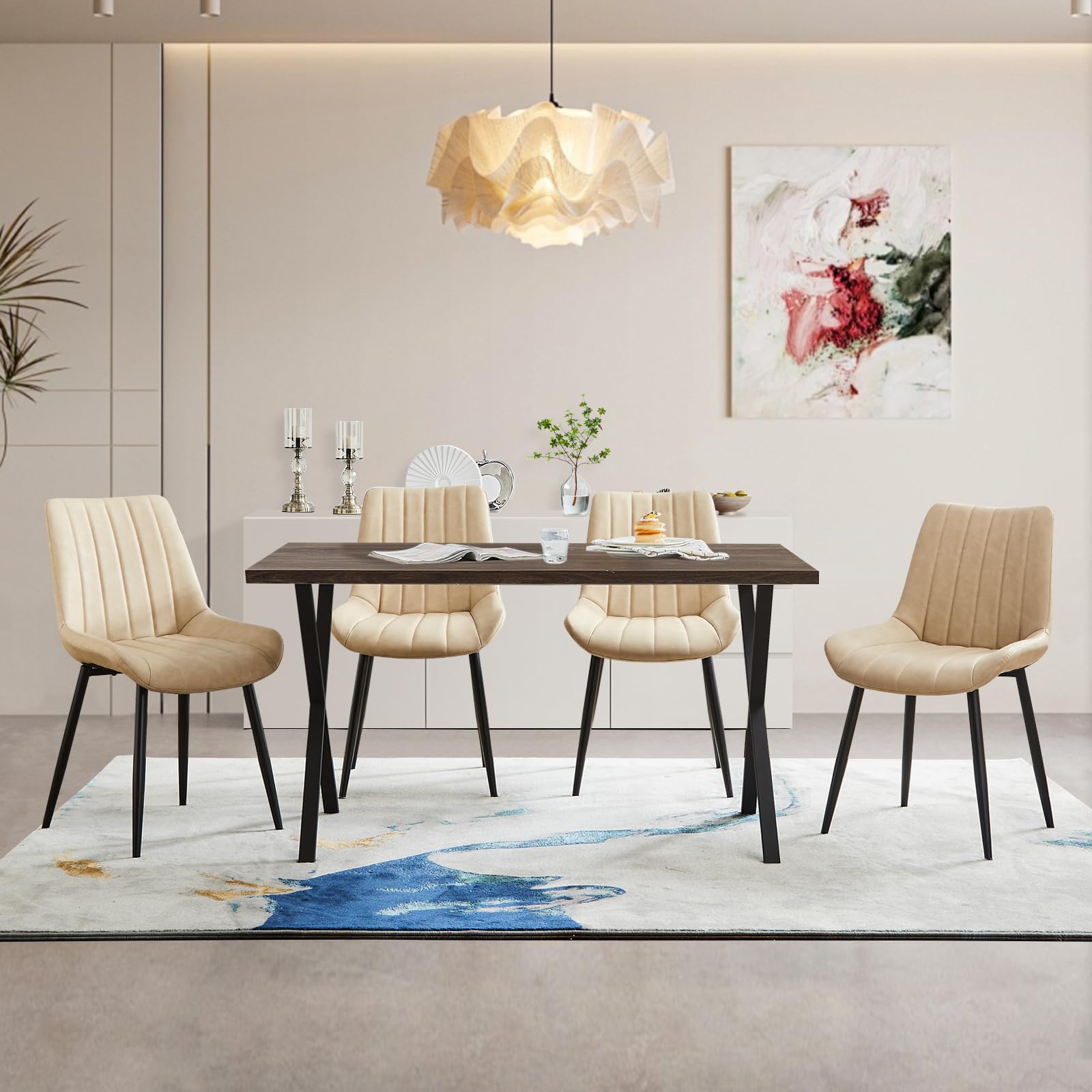 CLIPOP Dining Chairs Set of 4 - Faux Leather Upholstered High Back Kitchen Chairs with Comfy Cushion & Sturdy Metal Legs - Modern Accent Chairs for Dining Room, Living Room, Restaurant & Office Meetings (Khaki) - Perfect for Family Dinners, Coffee Shops and Conference Rooms