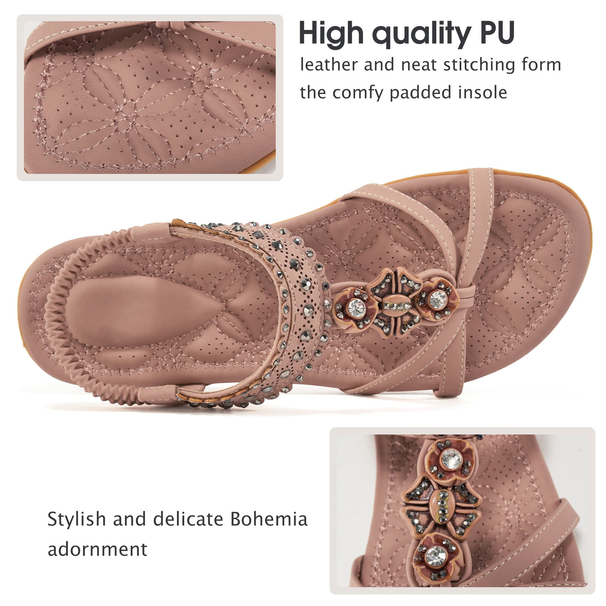 Alicegana Women's Bohemian Jeweled Sandals - Comfortable Non-Slip Elastic Ankle Flats for Walking, Casual, Beach & Summer Dresses | Perfect for Vacation, Outdoor Activities & Boho Fashion