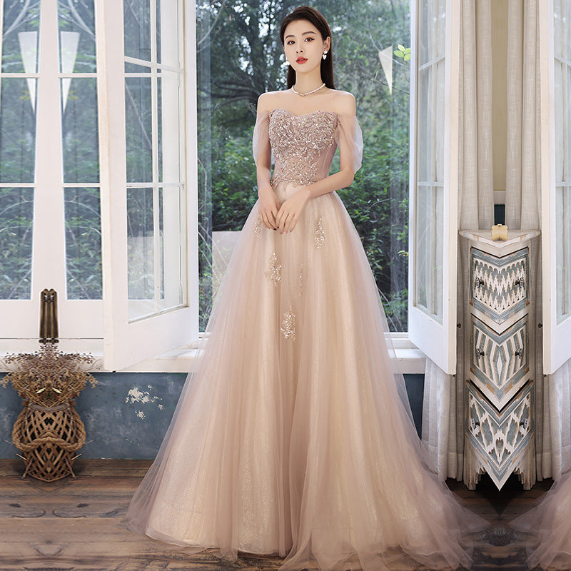 Elegant Off Shoulder Sequin Prom Dress - A-Line Tulle Formal Gown for Homecoming, Evening Party & Special Occasions | Style 667