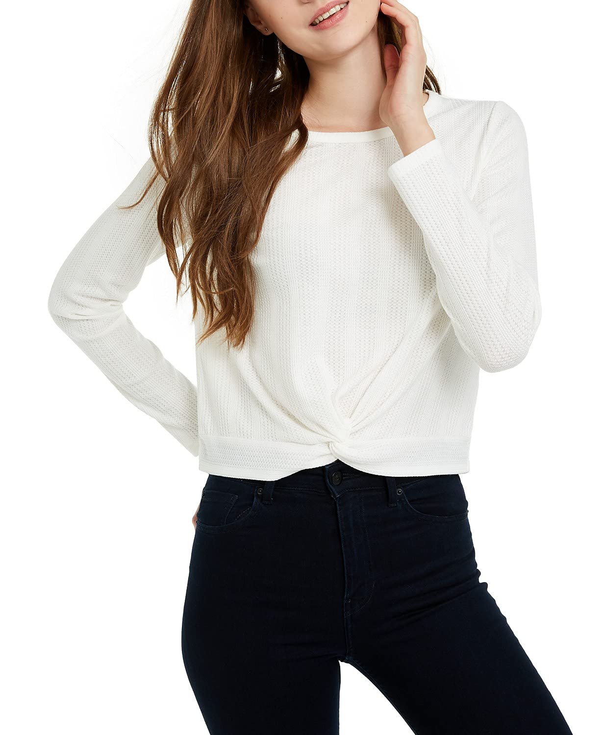 PINK ROSE Juniors' Twisted Waffle-Knit Top - Soft & Stylish Long Sleeve Shirt for Teens | Perfect for School, Casual Outfits & Layering