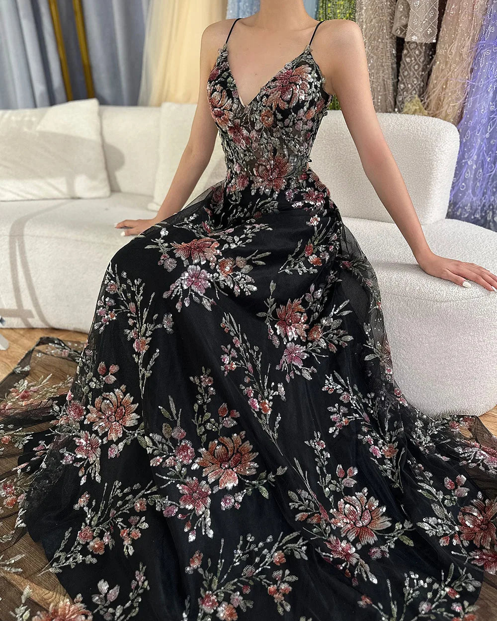 Luxury Dubai Black Beaded Spaghetti Strap A-Line Prom Dress for Formal Occasions - Perfect for Saudi Arabian Weddings, Evening Galas & Special Events LA72773