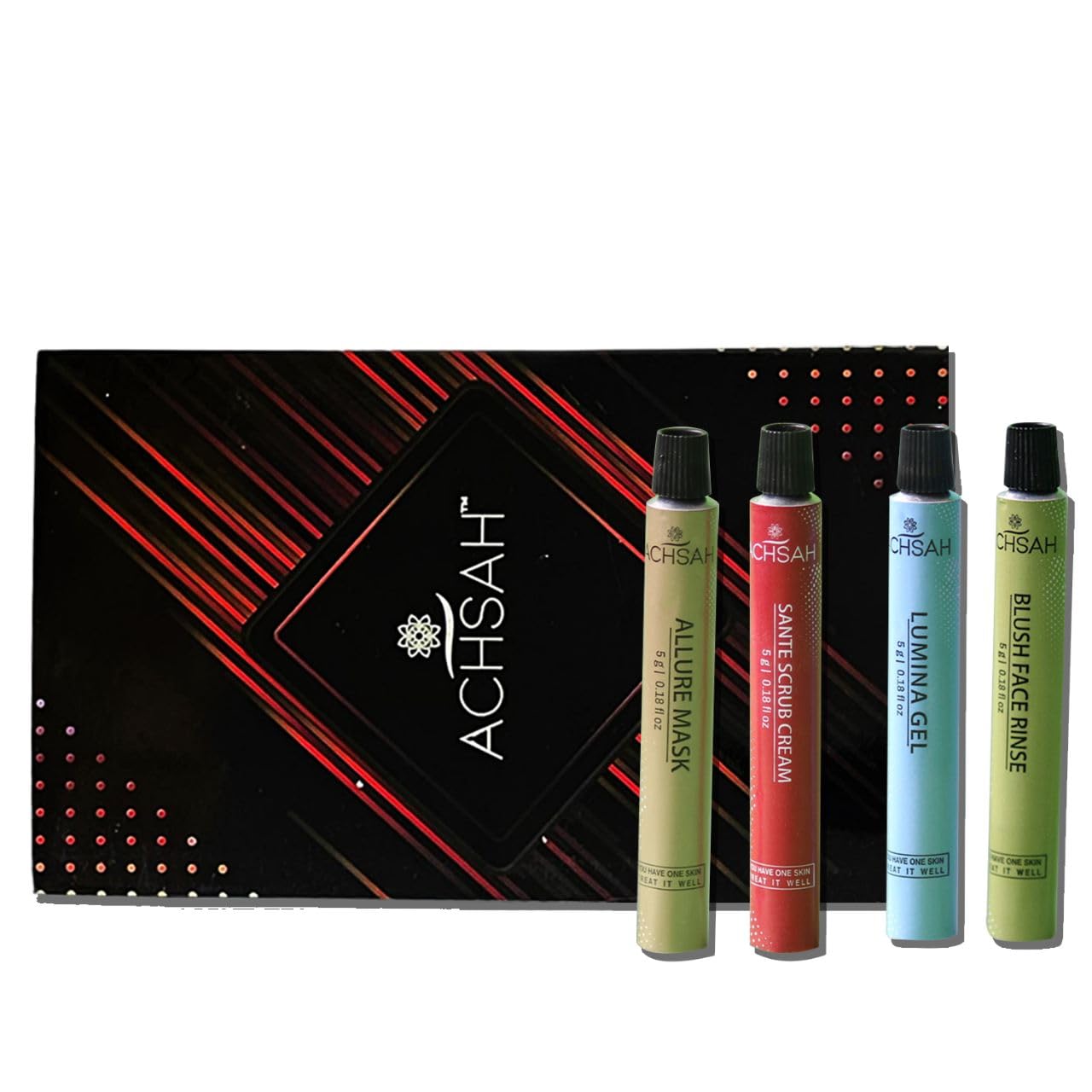 ACHSAH Skin Care Travel Kit - Face Wash, Mask, Moisturizer & Exfoliator for Glowing Skin, Tan Reduction & Anti-Pollution (5g x 4) | Perfect for Travel, Gym & On-The-Go Skincare