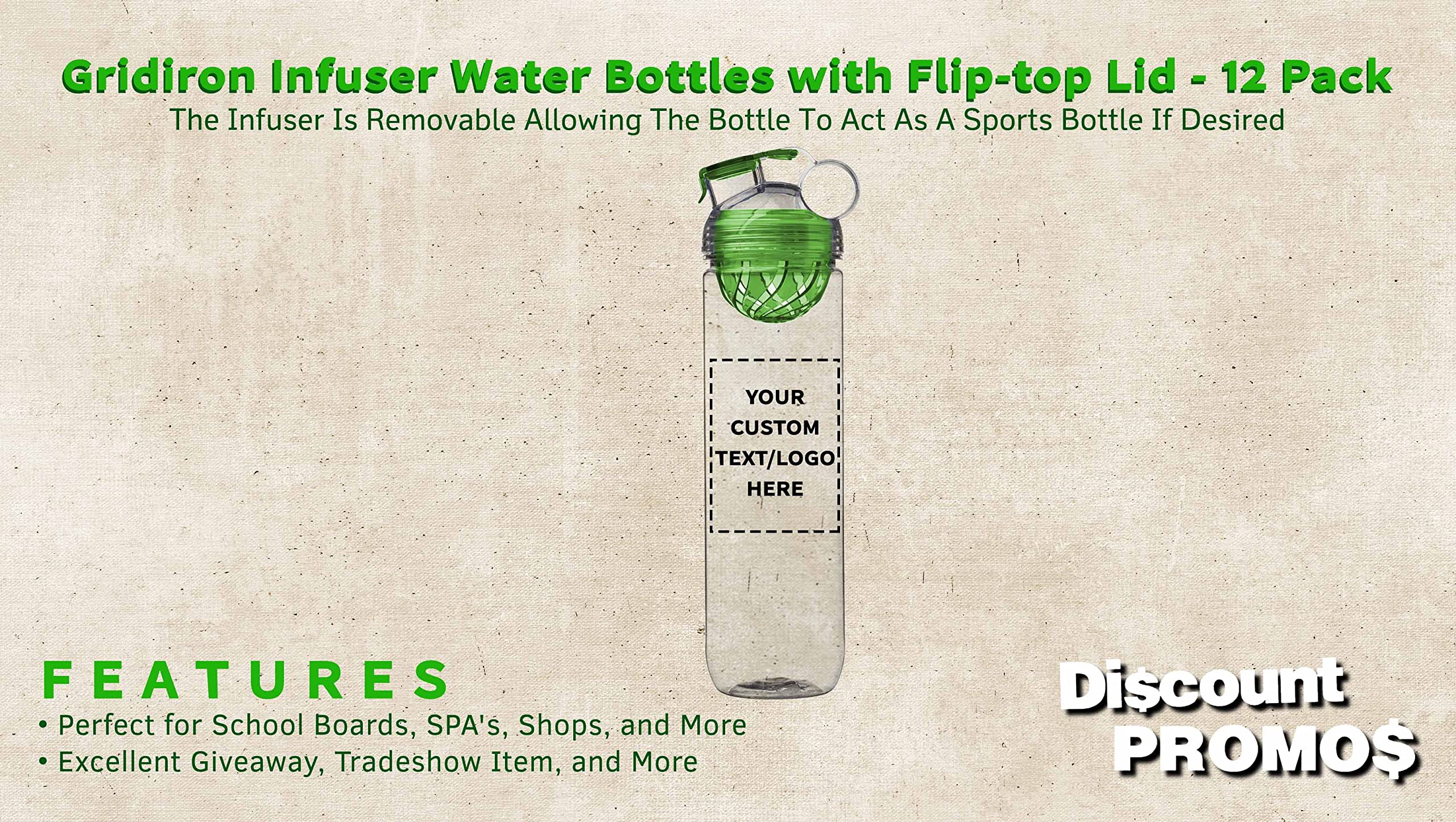 12 Pack Gridiron Infuser Water Bottles 27oz - Custom Text & Logo - Screw On Flip-Top Lid, Leak Proof, BPA Free - Lime Green - Perfect for Sports, Gym, Office & Outdoor Activities