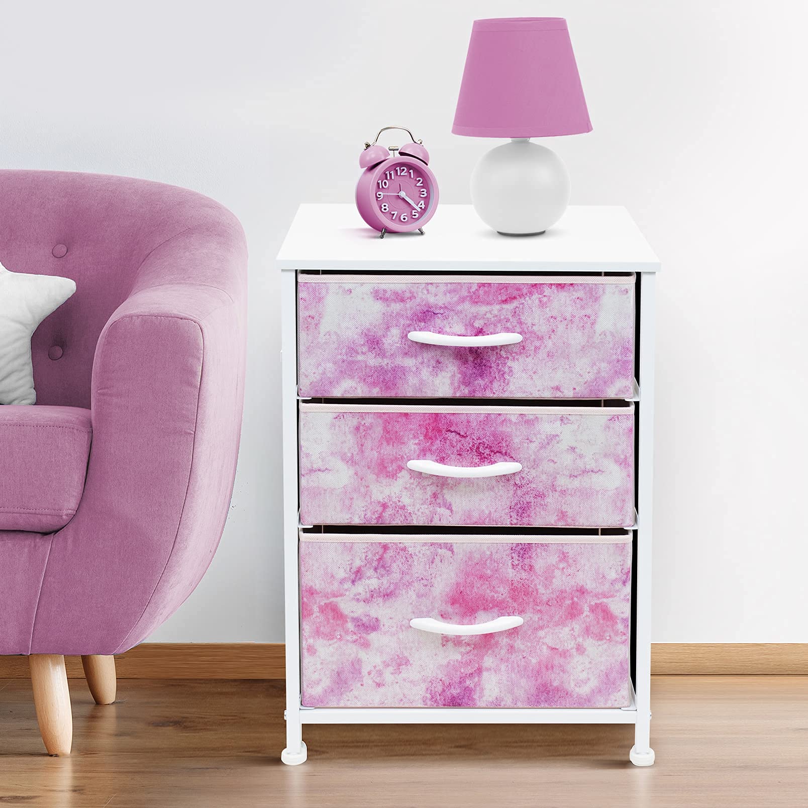 Sorbus 3-Drawer Nightstand Organizer for Kids - Wood Top & Steel Frame Storage Chest with Tie-Dye Fabric Bins | Bedroom Furniture for Clothes & Closet Organization (Pink) | Perfect for Boys & Girls Rooms, Dorm Storage, and Small Space Organization