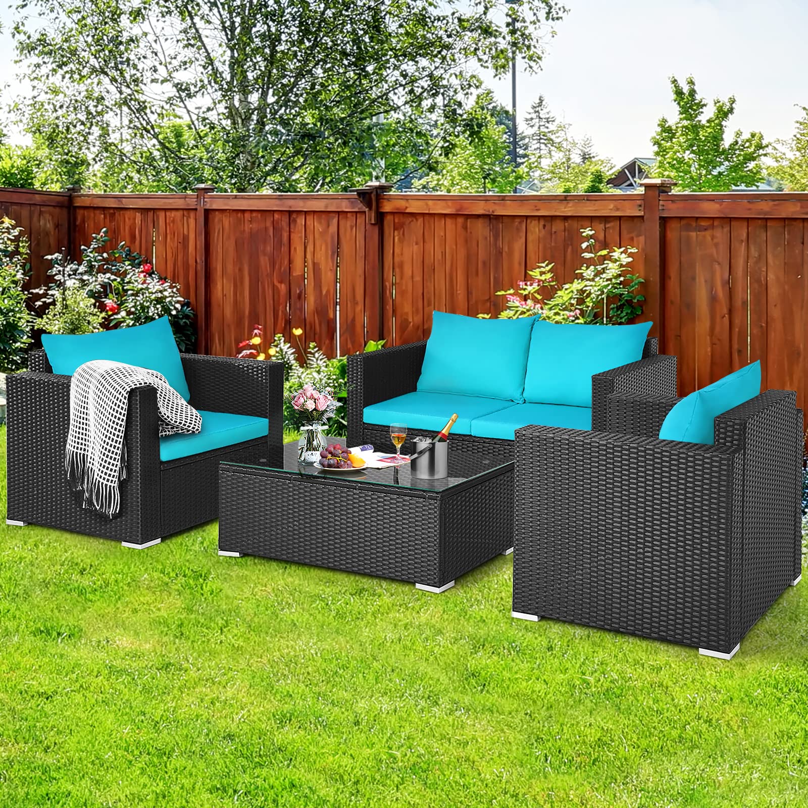 Tangkula 4-Piece Outdoor Patio Furniture Set - Rattan Wicker Sofa Sectional with Cushions & Tempered Glass Coffee Table - Turquoise Conversation Set for Garden, Backyard, Poolside & Courtyard Relaxation