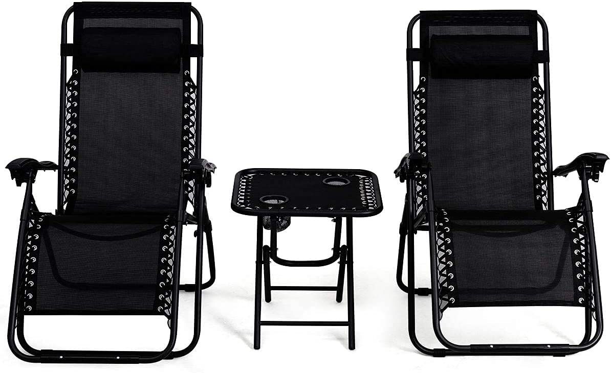 Zimbala 3-Piece Zero Gravity Lounge Chair Set with Adjustable Folding Table - Portable Outdoor Recliners for Patio, Poolside, Backyard & Balcony - Comfortable Mesh Chairs with Multi-Position Adjustment - Perfect for Relaxing, Sunbathing and Outdoor Entertaining (Black)