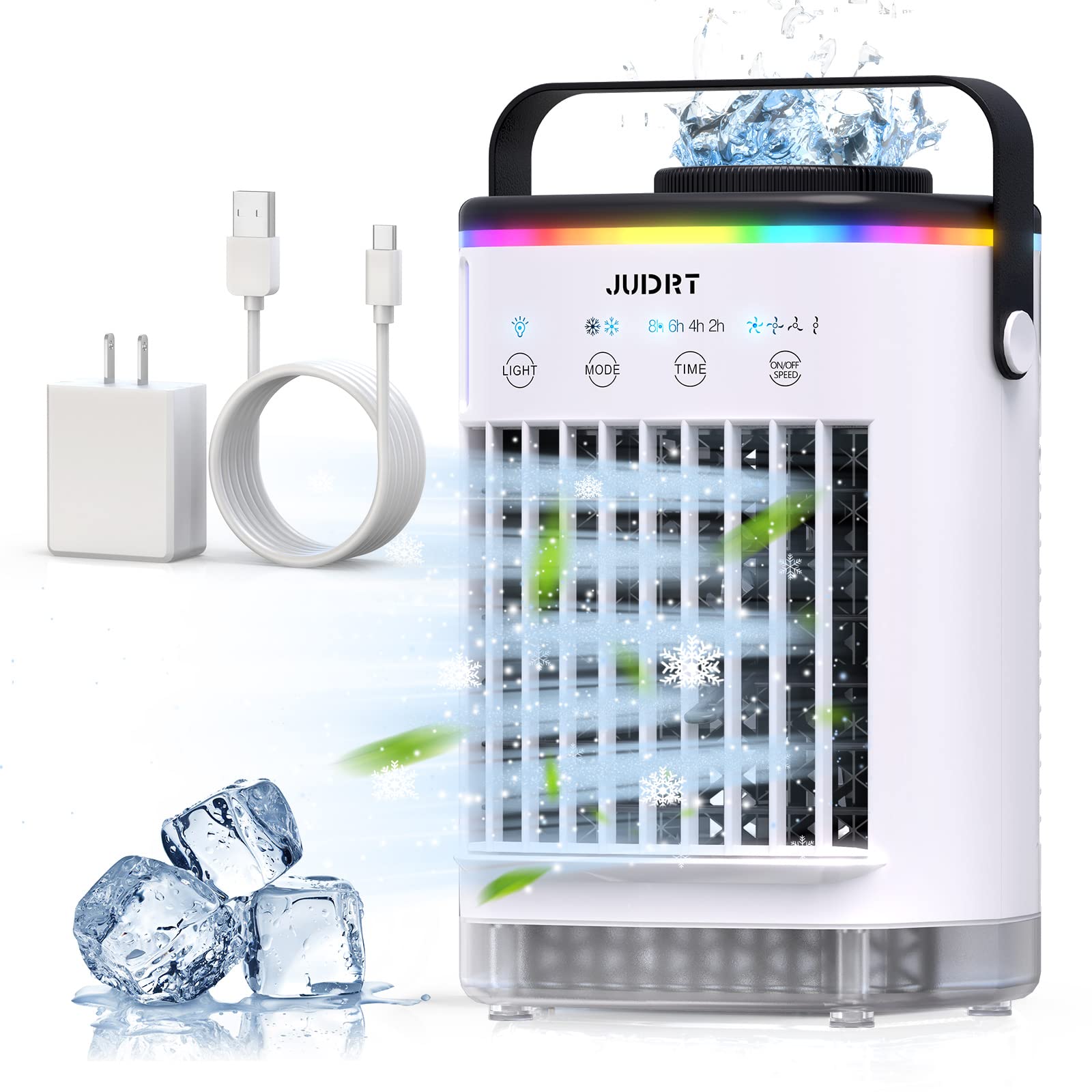 Portable Air Conditioner & Mini Evaporative Cooler - 4-in-1 Personal Desk Fan with 7 Color LED Lights, 4 Speed Settings, Cool Mist Humidifier - Perfect for Home, Office, Bedroom & Dorm Room Cooling