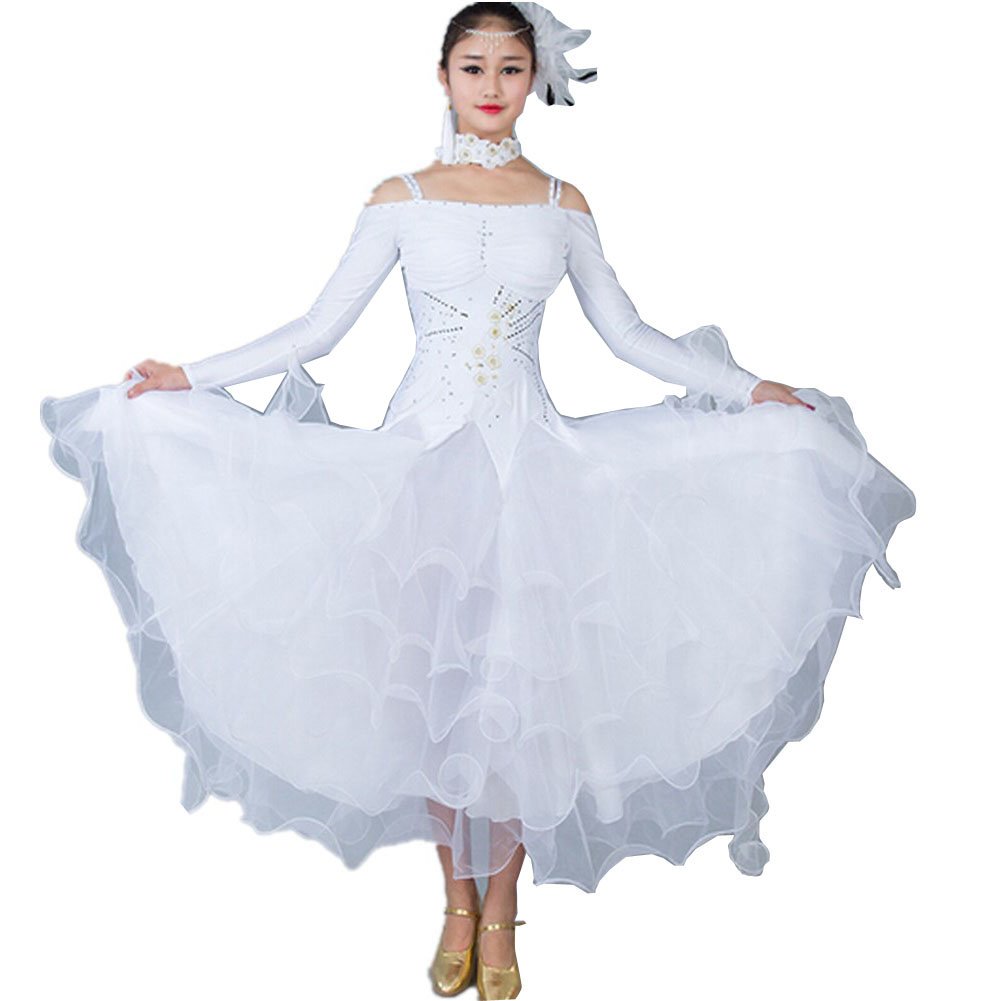 Elegant Women's Ballroom Dance Dress for Waltz, Tango & Smooth - Standard Competition Gown (White, Medium) | Perfect for Dance Competitions, Performances & Social Dancing