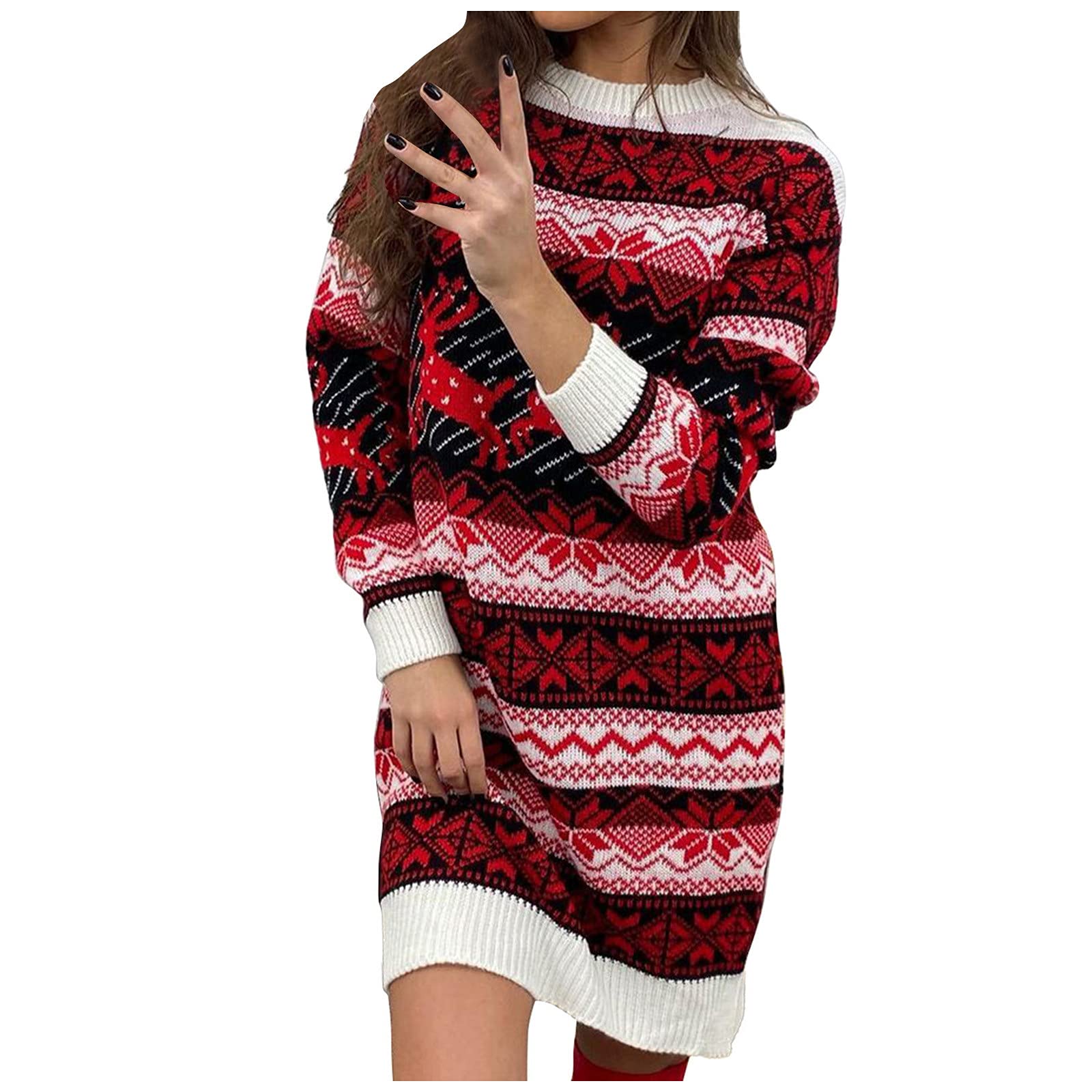 Geometric Print Long Sleeve Knit Sweater Dress for Women - Casual Mini Dress with O-Neck Design - Perfect for Fall Outfits, Date Nights & Office Wear