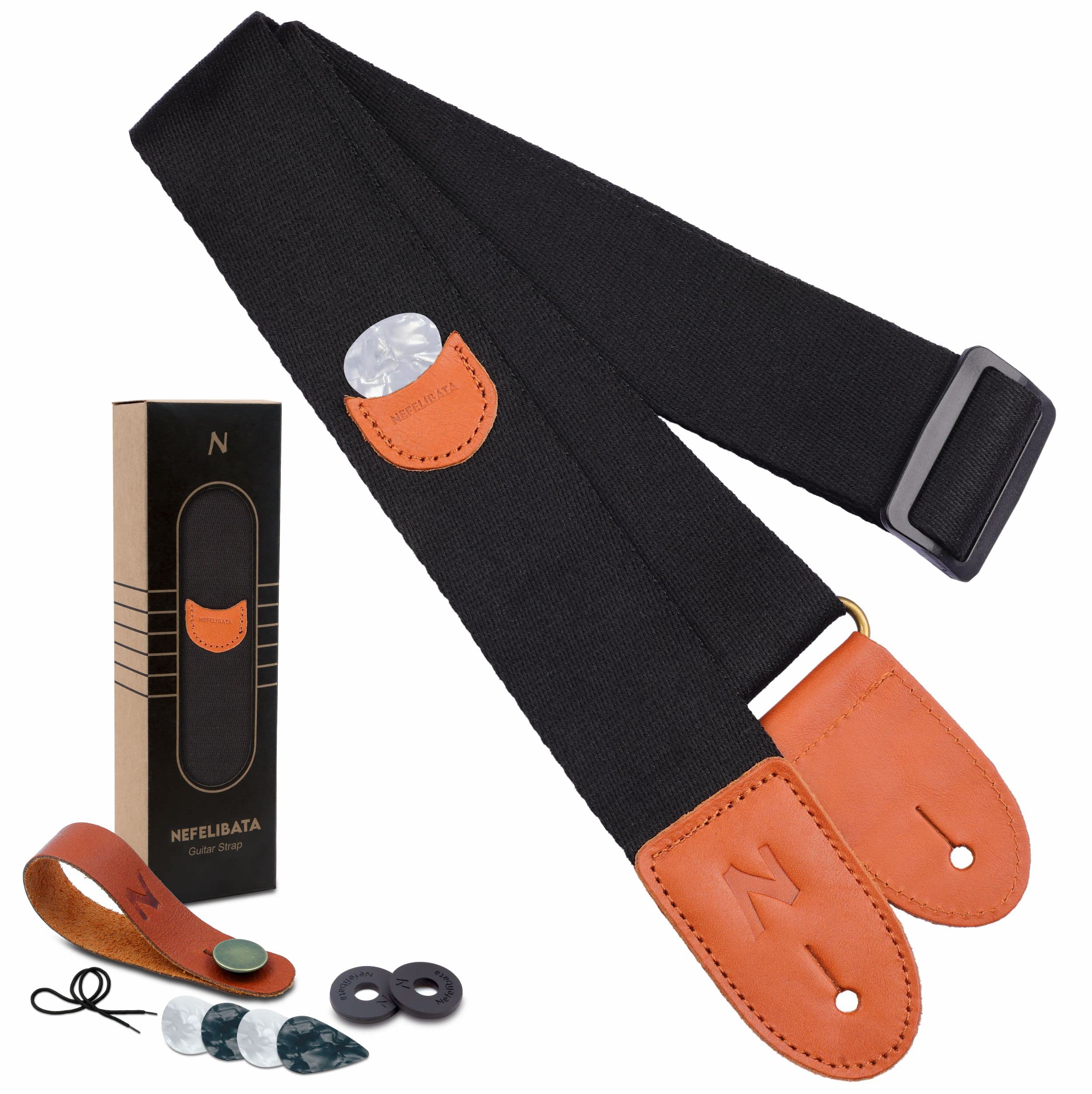 Premium Guitar Strap - 100% Cotton with Full Grain Leather Ends, Includes Pick Pocket for Bass, Electric & Acoustic Guitars - Free Strap Button, 1 Pair Strap Locks & 4 Guitar Picks (Black) - Perfect for Live Performances, Studio Sessions & Practice