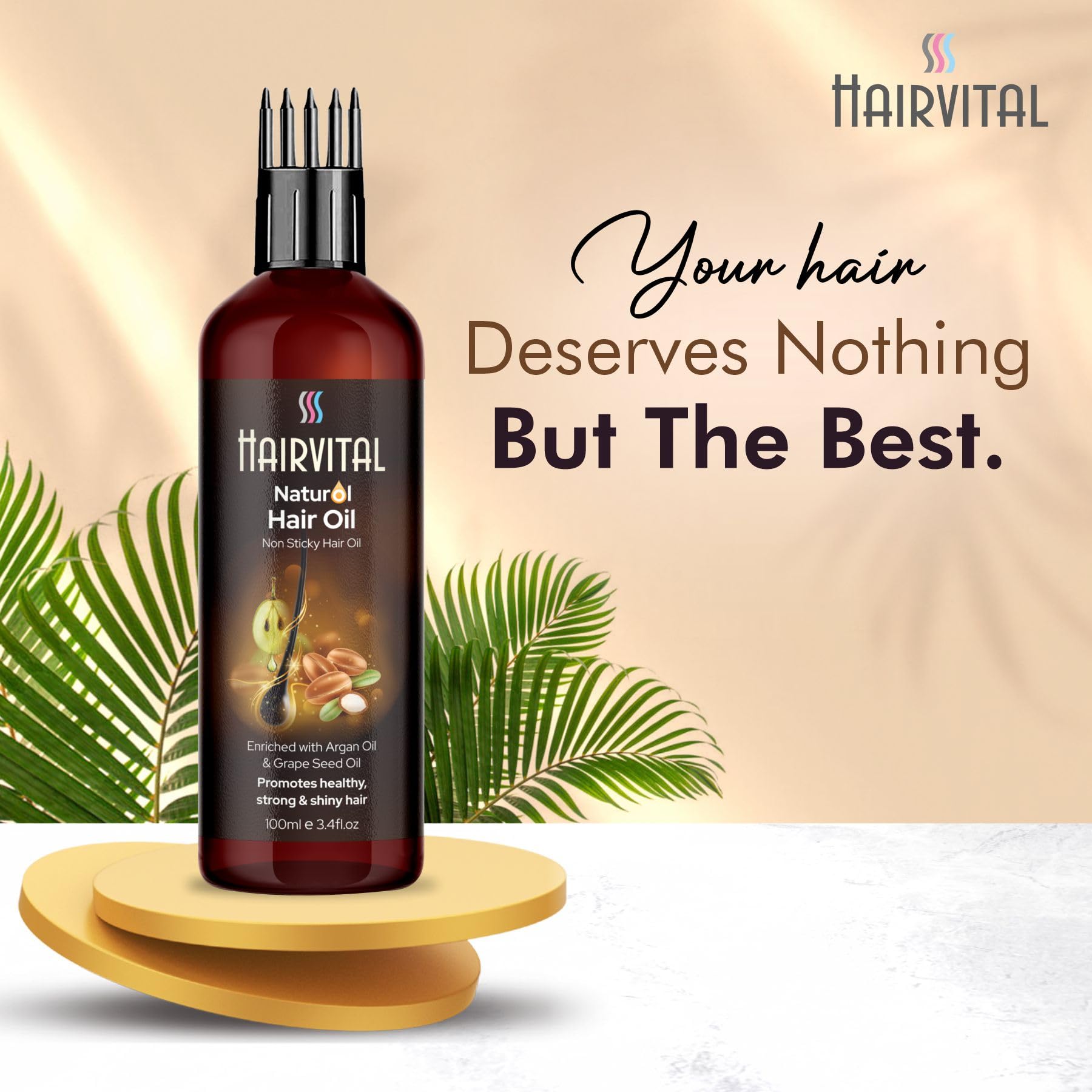 Hairvital Non-Sticky Natural Hair Oil with Comb Applicator - Enriched with Argan Oil & Grapeseed Oil for Dry, Frizzy Hair - Hydrates, Reduces Hair Loss - 100ml - Perfect for Daily Hair Care & Styling