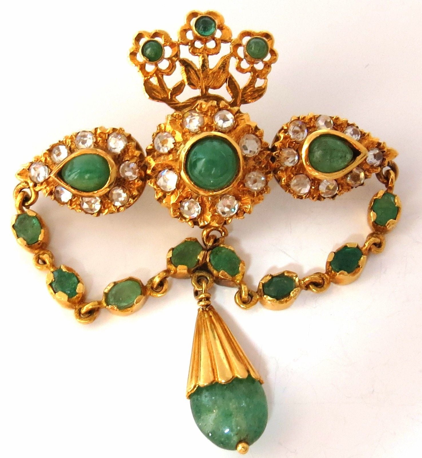18KT Vintage Natural Emeralds & White Sapphires Medallion Dangle Brooch Pin – Elegant Jewelry for Weddings, Parties & Special Occasions