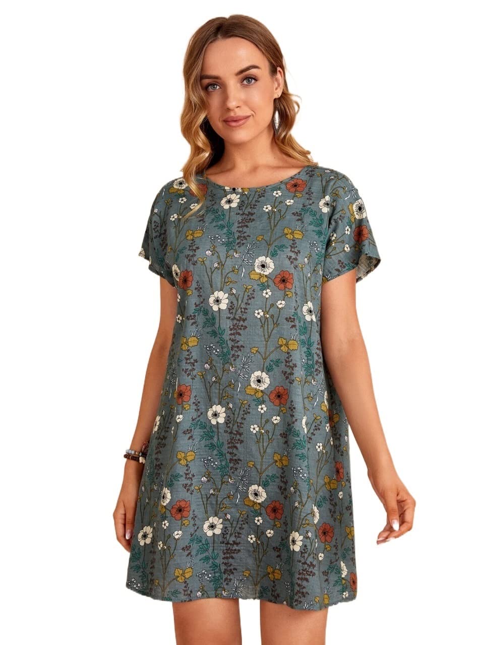 Women's Floral Print Batwing Sleeve Tunic Dress - Lightweight Summer Casual Dress for Beach, Vacation & Outdoor Activities