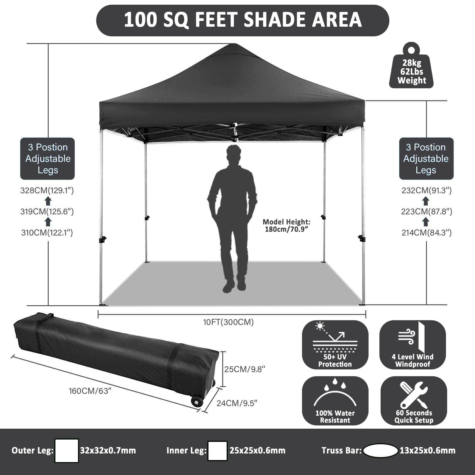 COBIZI 10x10 Pop Up Canopy Tent with 4 Sidewalls - Heavy Duty Waterproof Commercial Canopy for Outdoor Parties, Events, Camping & Backyard - Includes Wheeled Carry Bag (10x10ft, Black) | Perfect for Picnics, Farmers Markets, Beach Outings & Tailgating