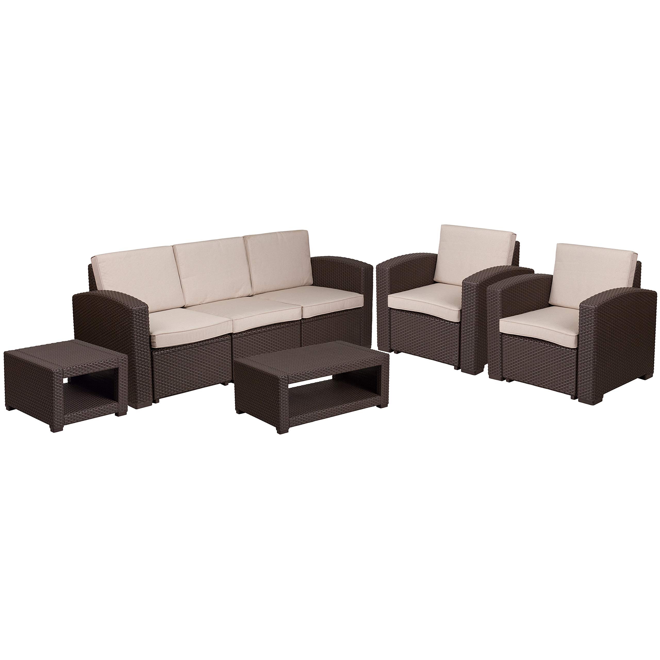 Merrick Lane Errol 5-Piece Outdoor Patio Furniture Set - Brown Wicker-Look Resin - 2 Chairs & Sofa with Cushions + Coffee Table & Side Table - Weatherproof for Garden, Poolside & Backyard Relaxation