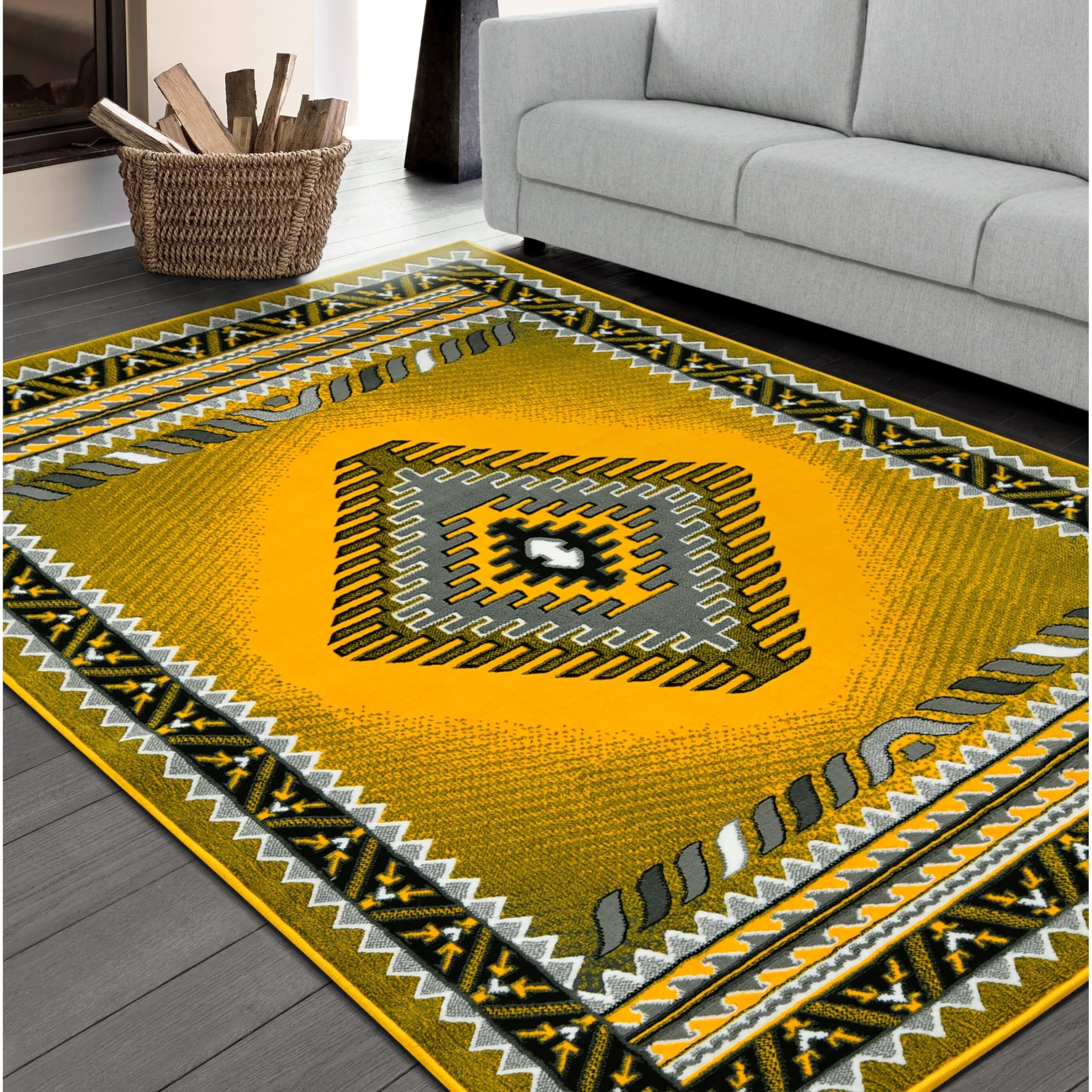Handmade Southwestern 5' x 7' Area Rug - Navajo Native American Inspired Modern Faded Design in Orange, Yellow, Gray & Black | Perfect for Living Room, Bedroom or Boho Home Decor