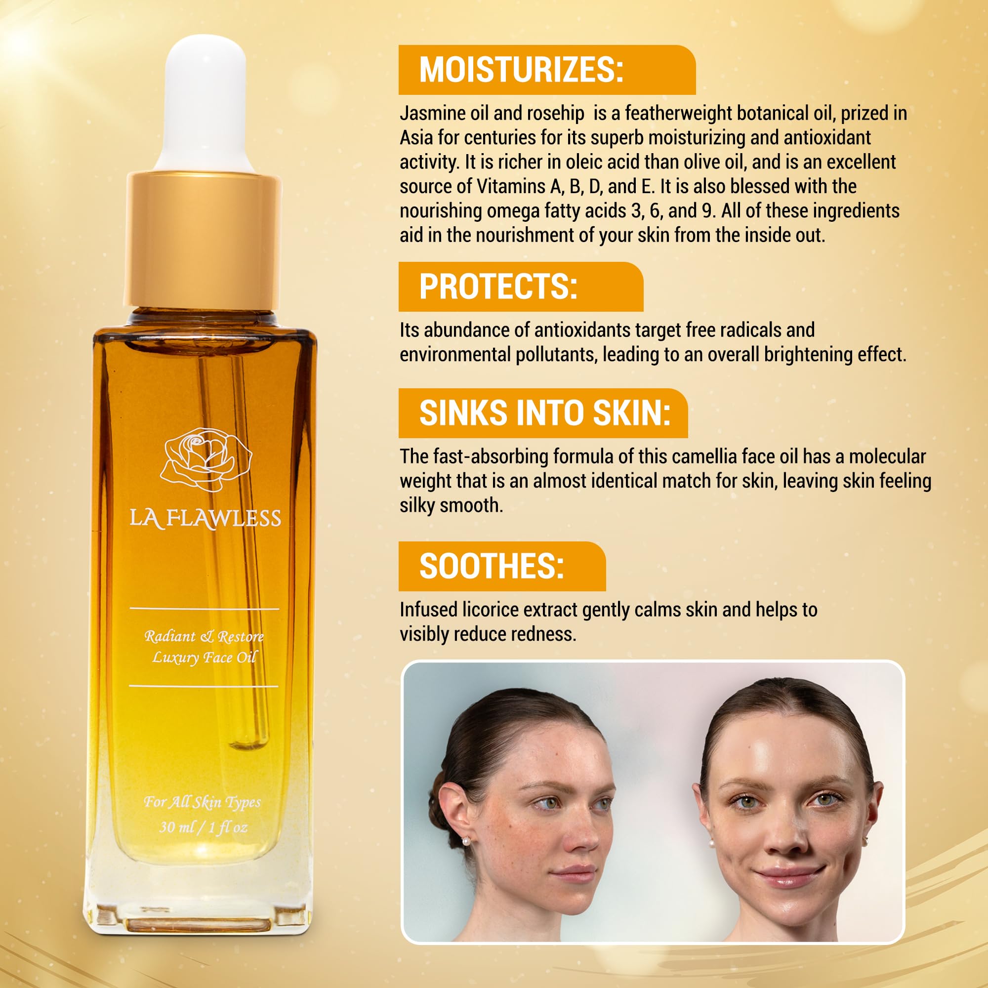 Radiant & Restore Organic Luxury Face Oil - Lightweight Moisturizing Oil for Dry Skin, Anti-Aging, Hydration & Even Skin Tone - Perfect for Night Routine & Daily Skincare Regimen