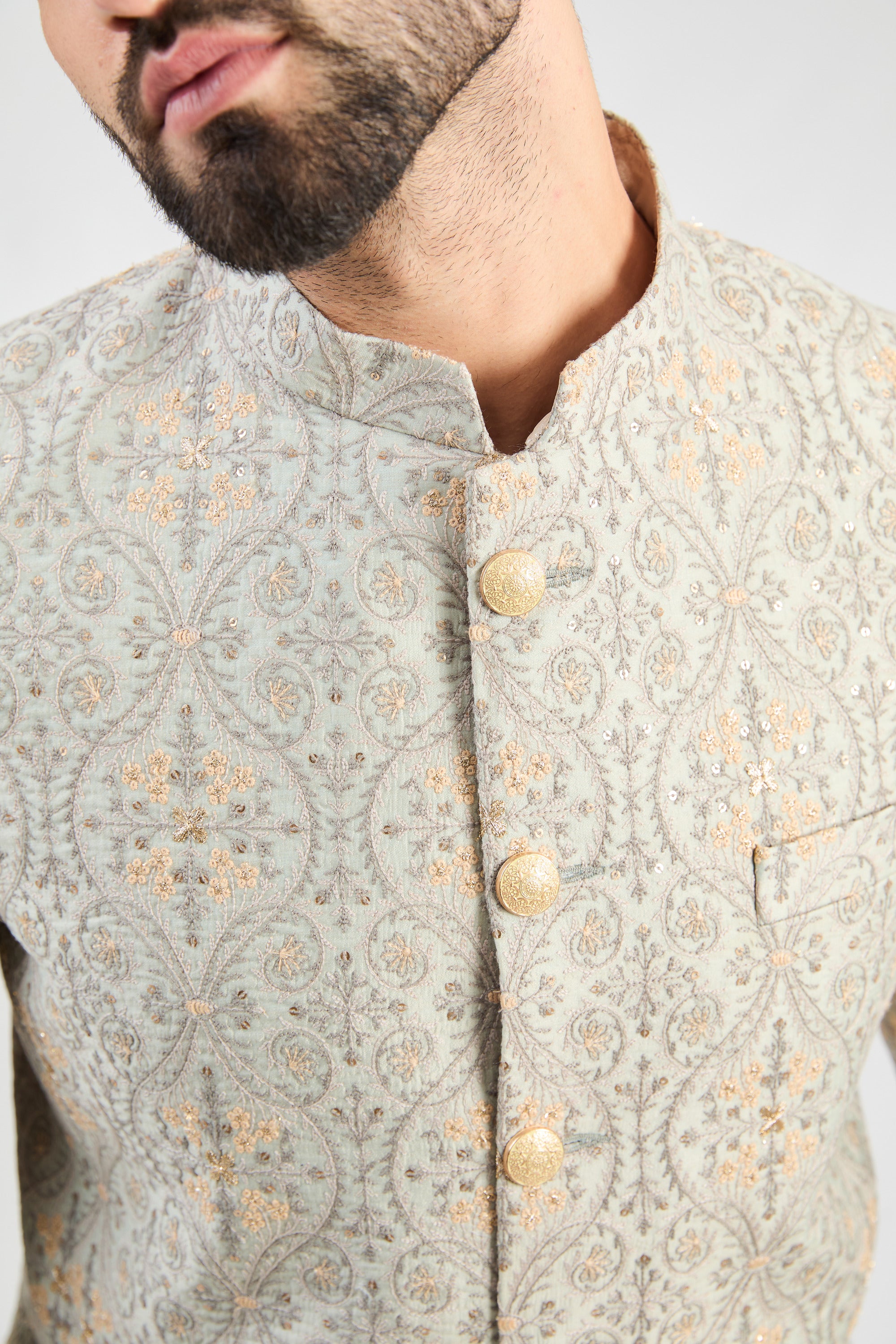 Elegant Mint Green Heavy Multi-Threadwork Bandhgala Jacket for Men - Perfect for Weddings, Festivals & Special Occasions