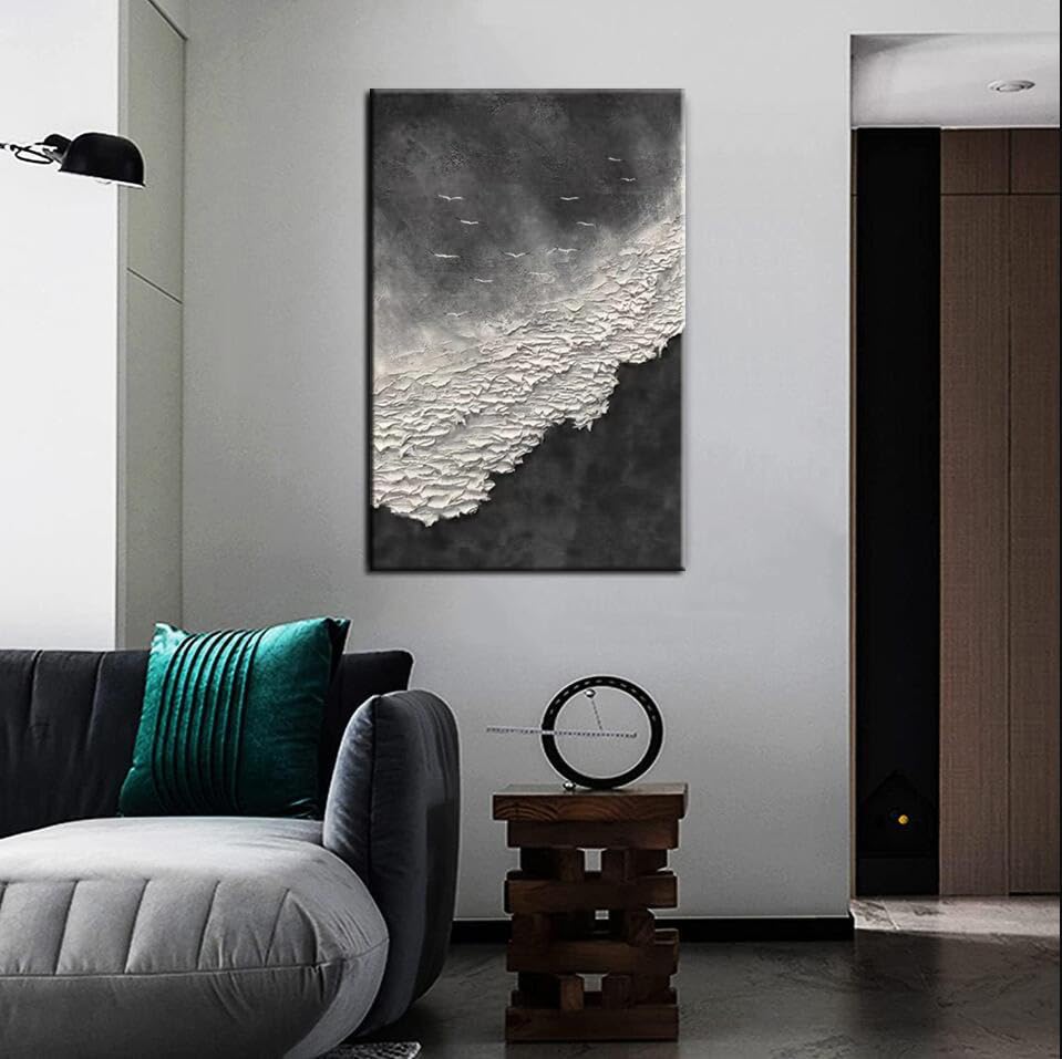 YaSheng Hand-Painted Abstract Oil Painting - Thick Texture Black & White Sea Wave Wall Art, Modern Minimalist Home Decor (24x36 Inch) for Living Room, Bedroom, Dining Room & Office Spaces