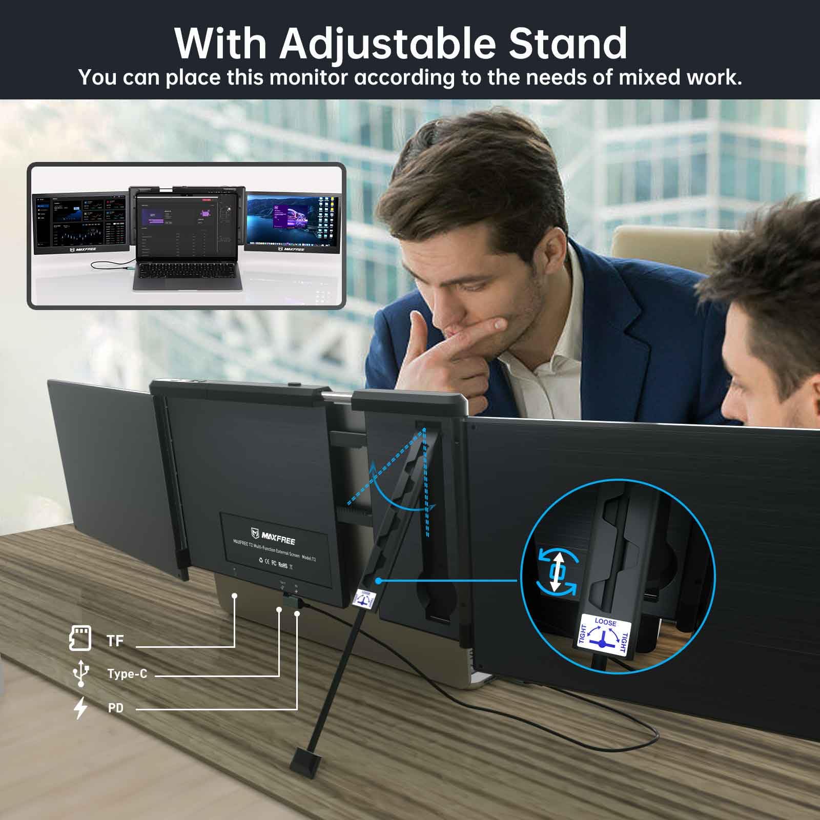 13.3 Inch Portable Laptop Monitor - Full HD 1920x1080 IPS Screen Extender with USB-C Plug & Play, 1000:1 Contrast Ratio - Ideal for Work, Gaming & Travel | T2