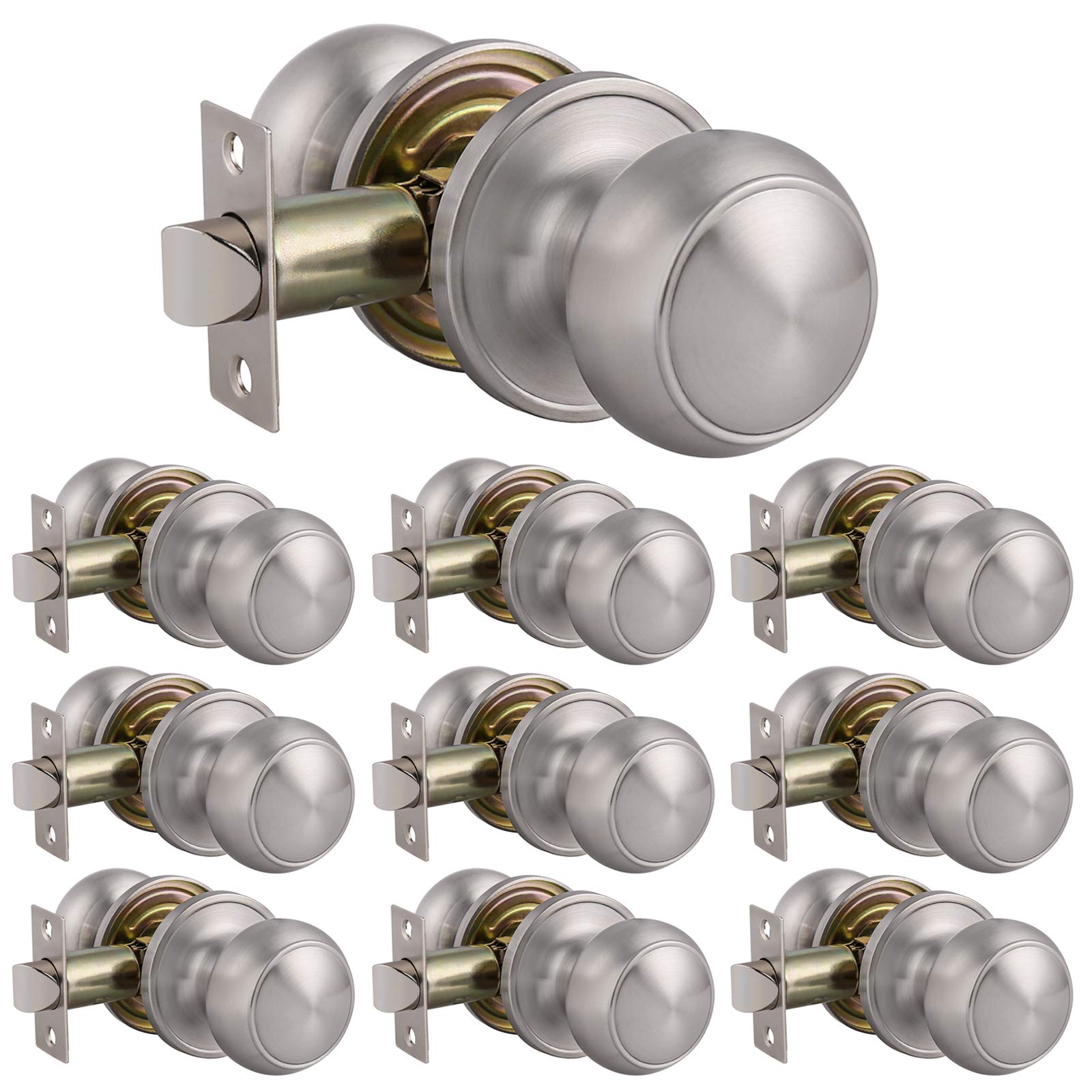 10 Pack Brushed Nickel Keyless Interior Door Knobs - Hall & Closet Passage Door Sets with Flat Ball Design for Home, Office & Apartment Use