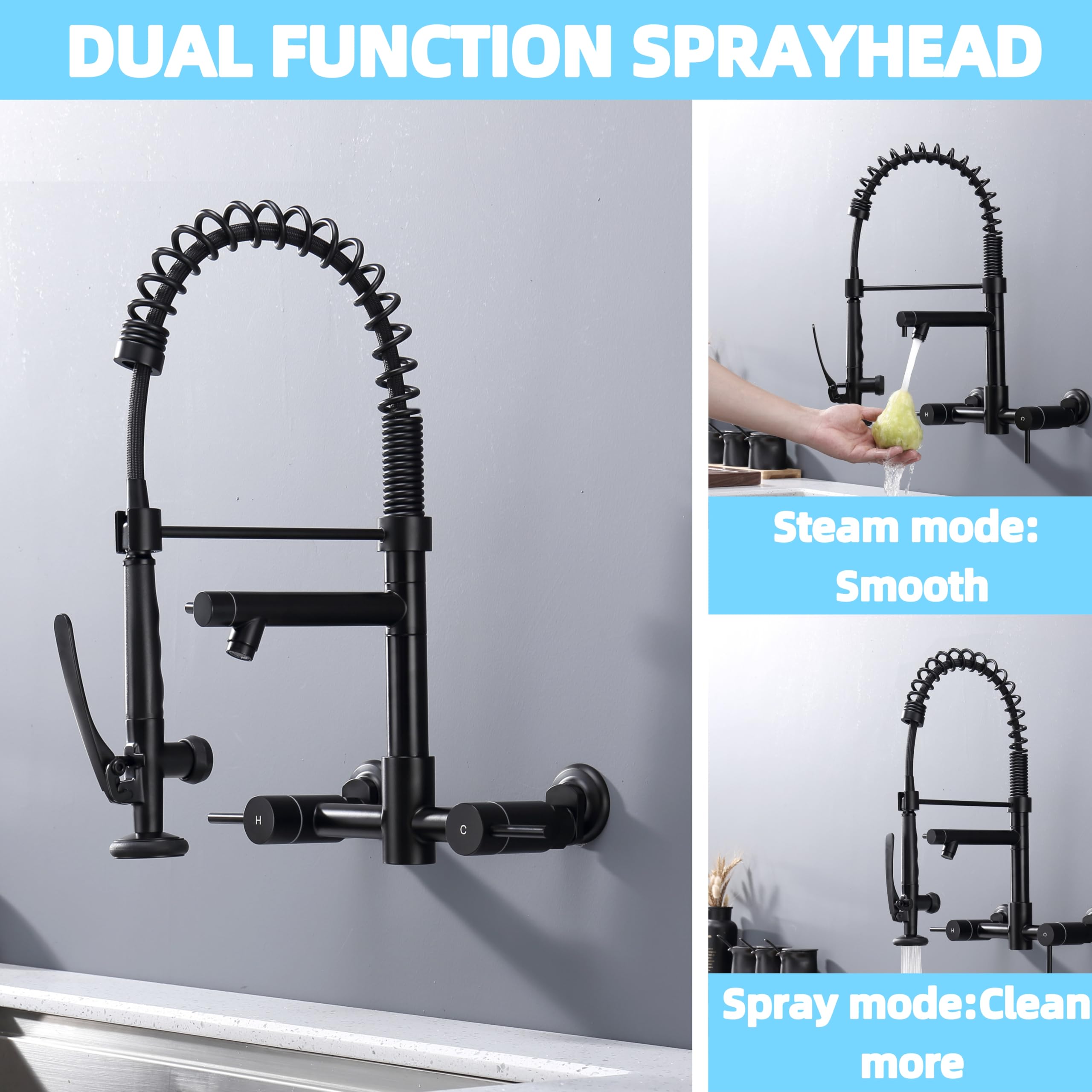 **8 Inch Wall Mount Kitchen Faucet with Pre-Rinse Sprayer & Pot Filler - High Arch Spring 2 Handle Commercial Faucet in Black - Perfect for Restaurants, Food Trucks & Home Kitchens**