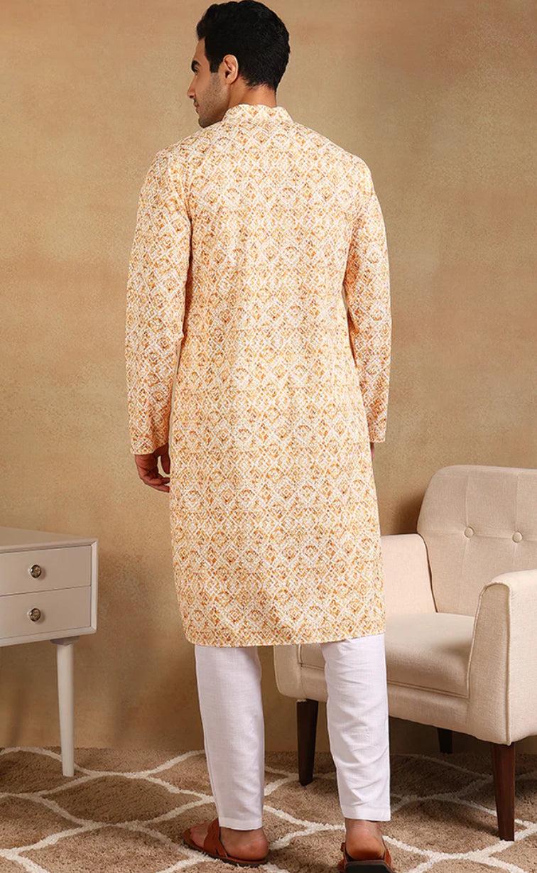 Men's Yellow Viscose Rayon Geometric Embroidered Straight Kurta - Comfortable Ethnic Tunic for Casual Wear, Festivals & Special Occasions