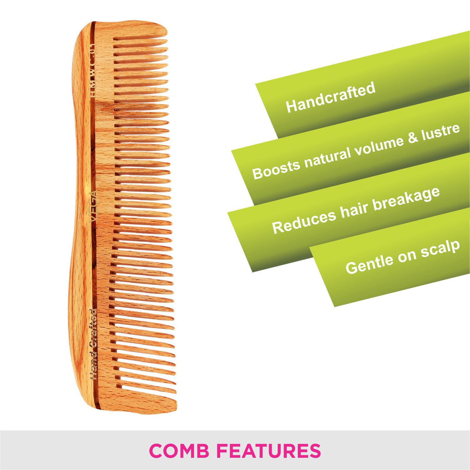 Vega Natural Wooden Styling Hair Comb for Men & Women - Handmade Wood Comb for Smooth Detangling & Styling - India's No.1 Hair Care Brand (HMWC-01) - Perfect for Daily Hair Care, Travel & Salon Use
