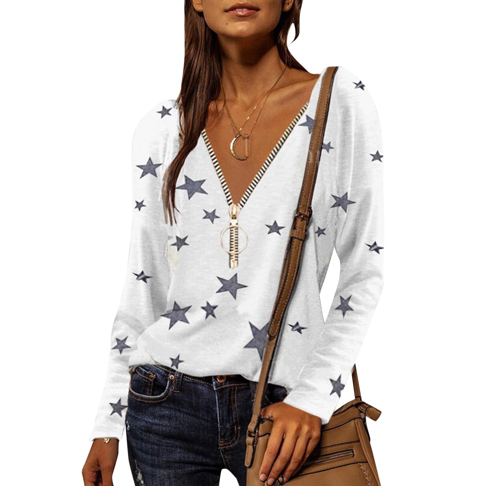 Trendy Women's Sexy V-Neck Zipper Print T-Shirt - Plus Size Fashion Blouse with Letter Design for Casual Wear & Night Out