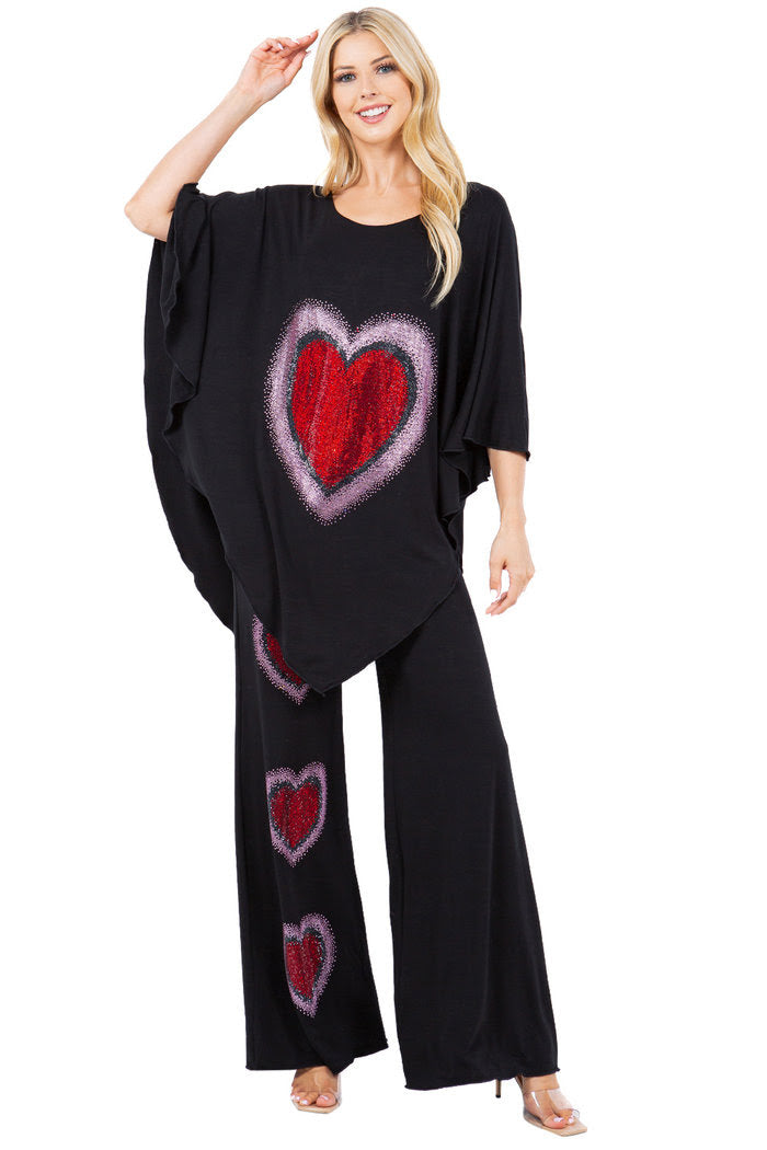 Hearts Rhinestone Embellished Palazzo Set - Women's Sparkly Lounge Pants & Top Outfit for Valentine's Day, Date Night, and Special Occasions