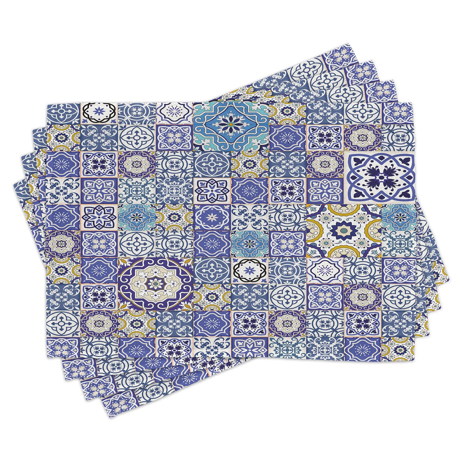 Ambesonne Moroccan Tile Patchwork Place Mats Set of 4 - Blue & Multicolor Washable Fabric Table Mats for Dining Room & Kitchen Decor | Perfect for Dinner Parties, Holiday Gatherings & Everyday Use