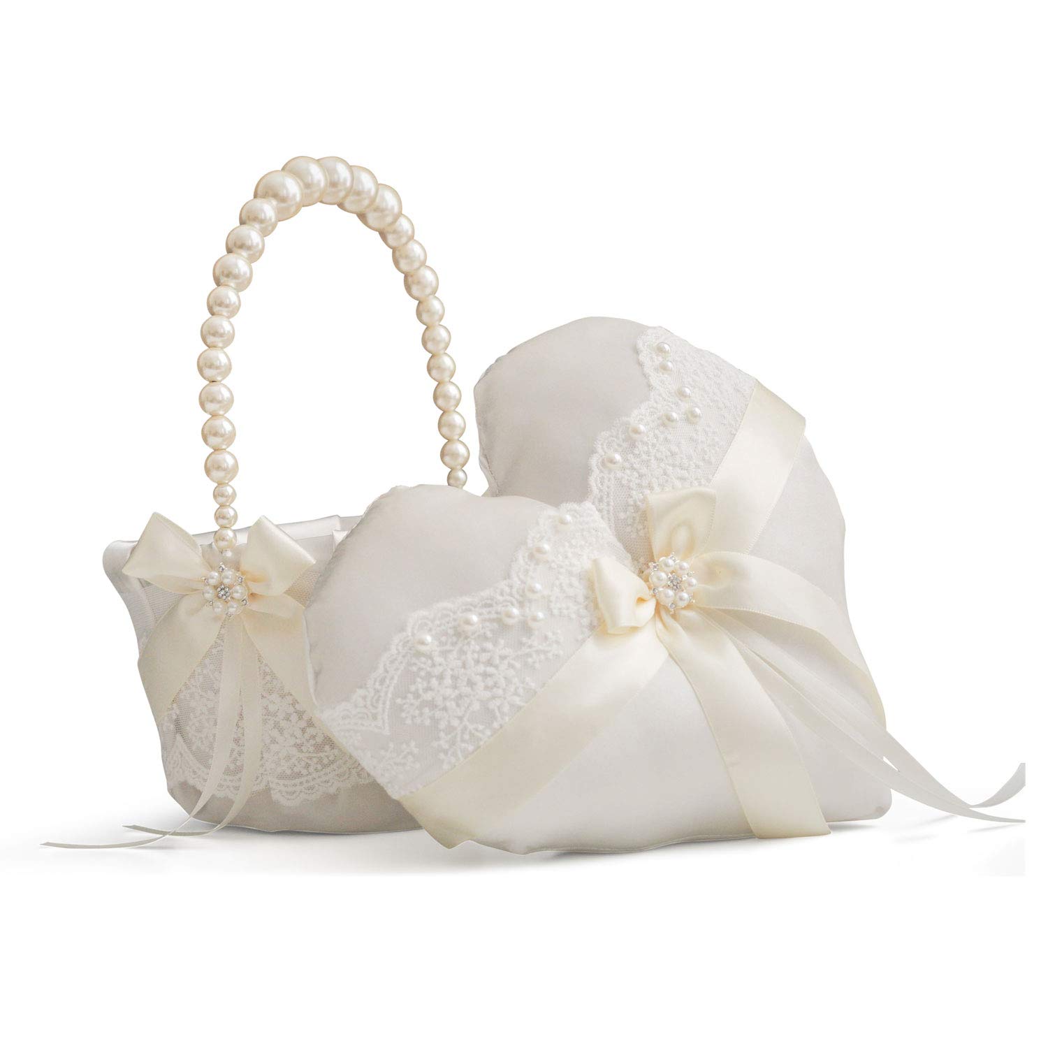 Ivory Ring Bearer Pillow and Flower Girl Basket Set - Heart Ring Pillow with Lace Wedding Basket & Pearl Handle - Perfect for Wedding Ceremonies, Bridal Showers, and Romantic Proposals