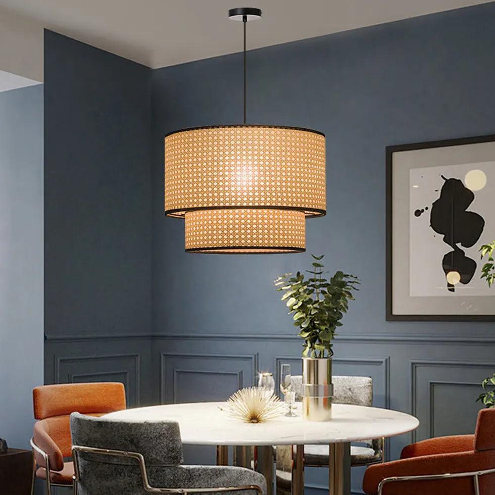 Modern Rattan Double Concentric Circle Pendant Light - Boho Chic Ceiling Fixture for Dining Room, Bedroom & Living Room Decor