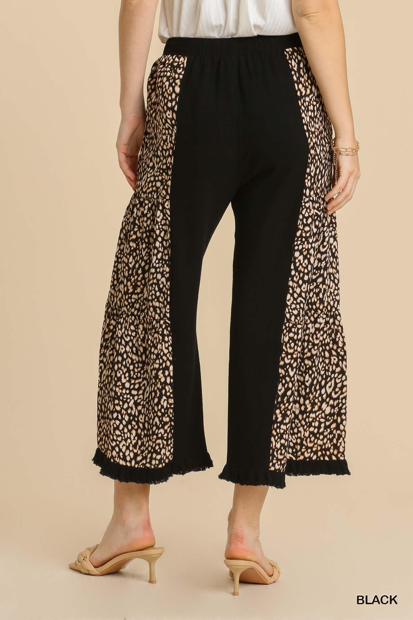 Umgee Women's Linen Blend Animal Print Wide Leg Pants - Elastic Waistband with Pockets & Fringed Hem | Boho Chic Casual Wear for Summer, Beach, and Vacation Outfits