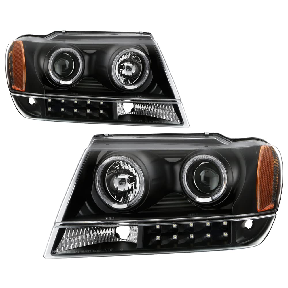Premium Aftermarket LED Halo Headlights for 1999-2004 Jeep Grand Cherokee - Black/Clear Lens - High Visibility & Style Upgrade for Night Driving & Off-Road Adventures
