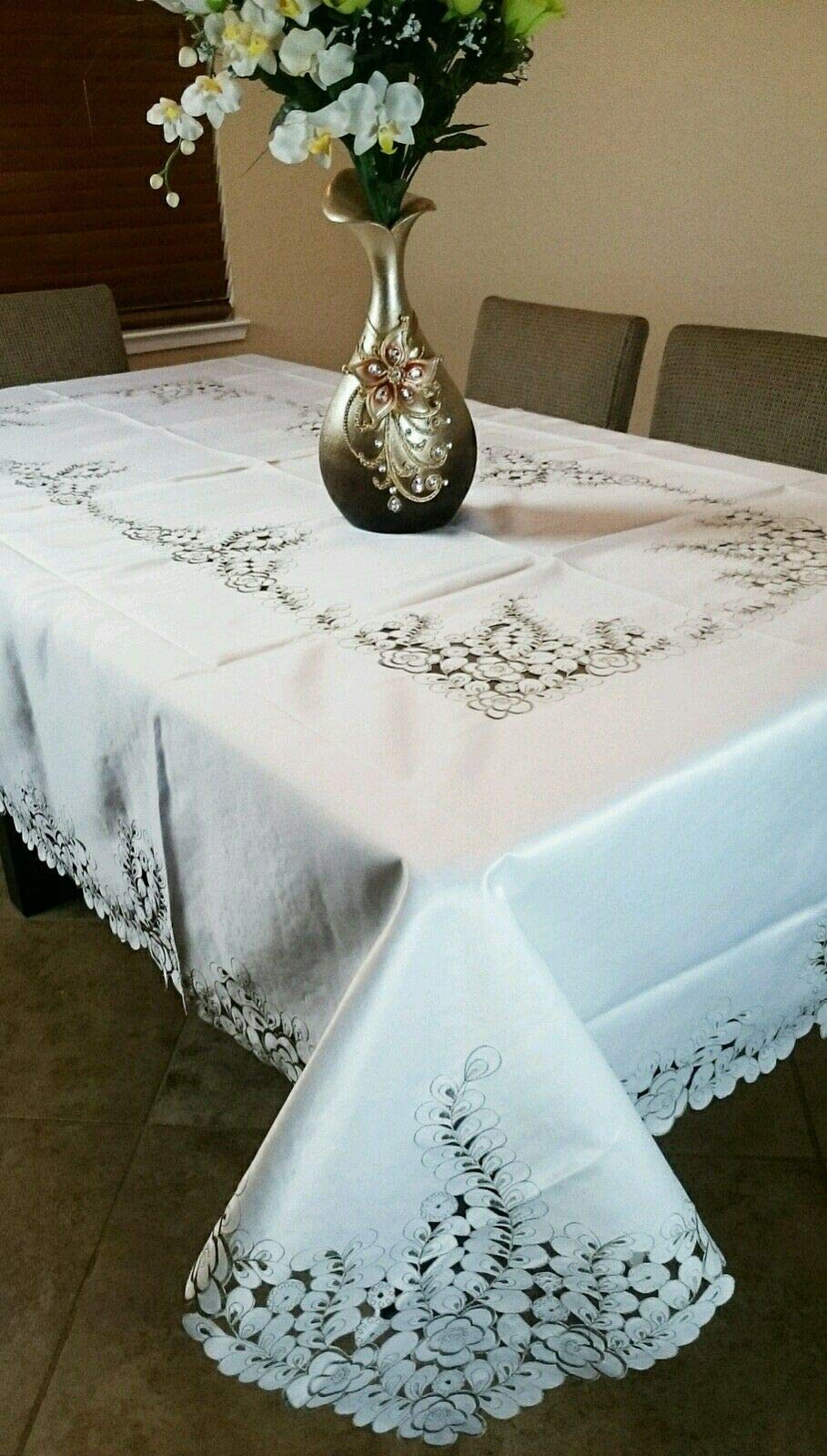 Elegant Embroidered Peacock Cutwork Tablecloth 72x108 Inch - Washable Linen Table Cover for Dining Table, Buffet, Parties & Special Occasions | Perfect for Weddings, Banquets & Holiday Decor