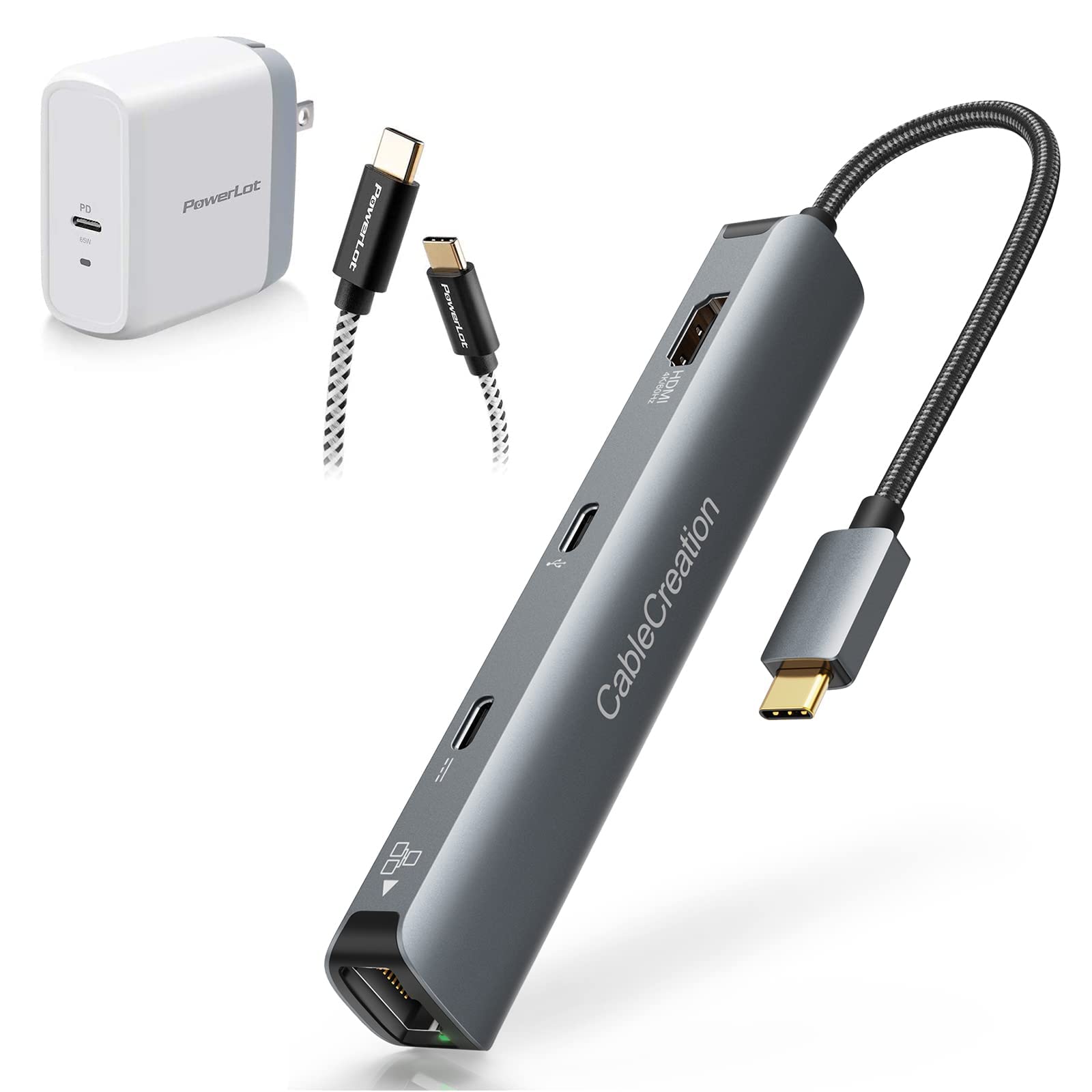 CableCreation 6-in-1 USB-C Hub with 100W Power Delivery, USB C Charger & GaN 65W Wall Charger - Includes 6ft USB C to C Cable for MacBook Pro, iPad, Dell XPS, and More | Perfect for Home Office, Travel & Workspace Charging Station