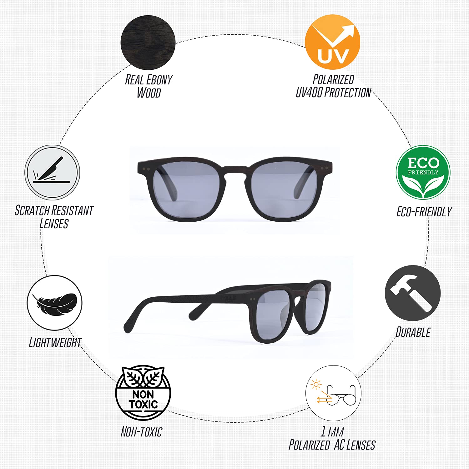 Premium Fiji Wood Polarized Sunglasses for Men & Women - UV400 Protection, Black Tinted Lens, Handcrafted Wood Frame - Includes Carrying Case & Cleaning Cloth - Perfect for Beach, Driving & Outdoor Activities